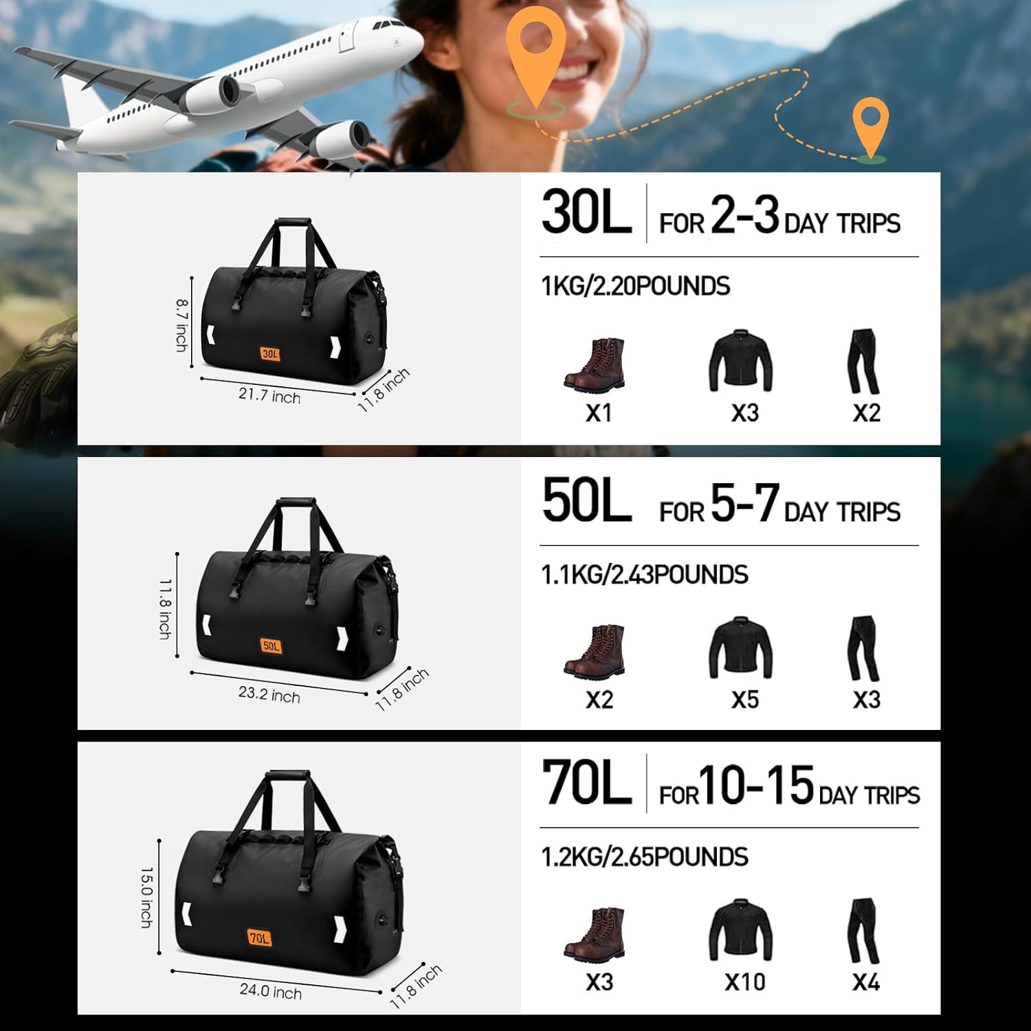 Waterproof Dry Bag, 30L Roll-top Motorcycle Tail Bag with Air Valve & Quick-fixed Straps, Travel Duffle Bags for Kayaking Paddle Boarding Rafting Boating Camping Riding Fishing - Black - Image 5