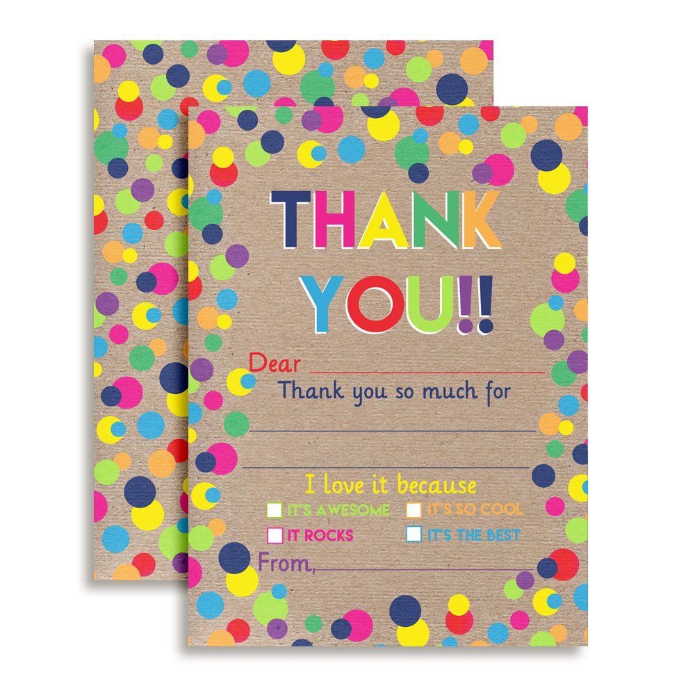 Kraft Polka Dot Birthday Thank You Notes for Kids, Thank You Bunches! Ten 4" x 5.5" Fill in The Blank Cards with 10 White Envelopes by AmandaCreation