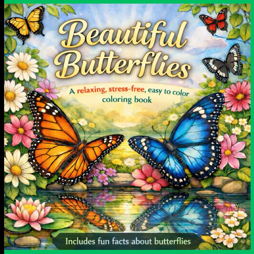 Beautiful Butterflies - A relaxing, stress-free, easy to color coloring book that includes fun facts about butterflies: good for all ages
