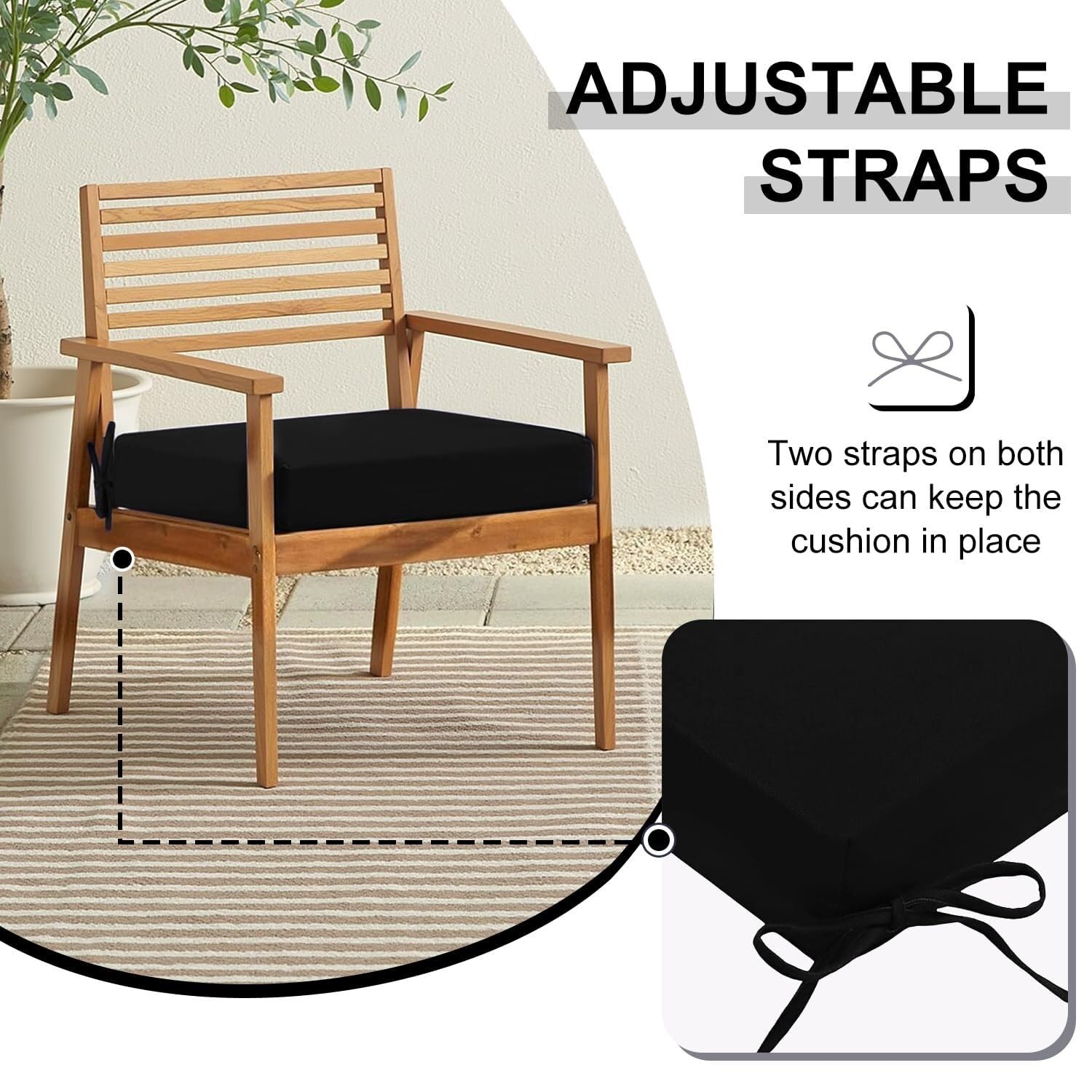 Set di cuscini per sedia da giardino da esterno, impermeabili, con lacci, spessore 3 cm, 40 x 40 cm, 4 pezzi, ideali per patio, cucina e sala da pranzo, colore nero.