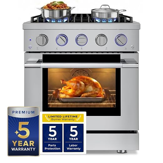 Hauslane 30" Dual Fuel Range in Stainless Steel, 4 Burners up to 20,000 BTU 4.2 cu. ft., Convection Oven with 5 Rack Positions, 5-Year Warranty, Convertible NG/LP Cool-Touch Triple-Layer Door