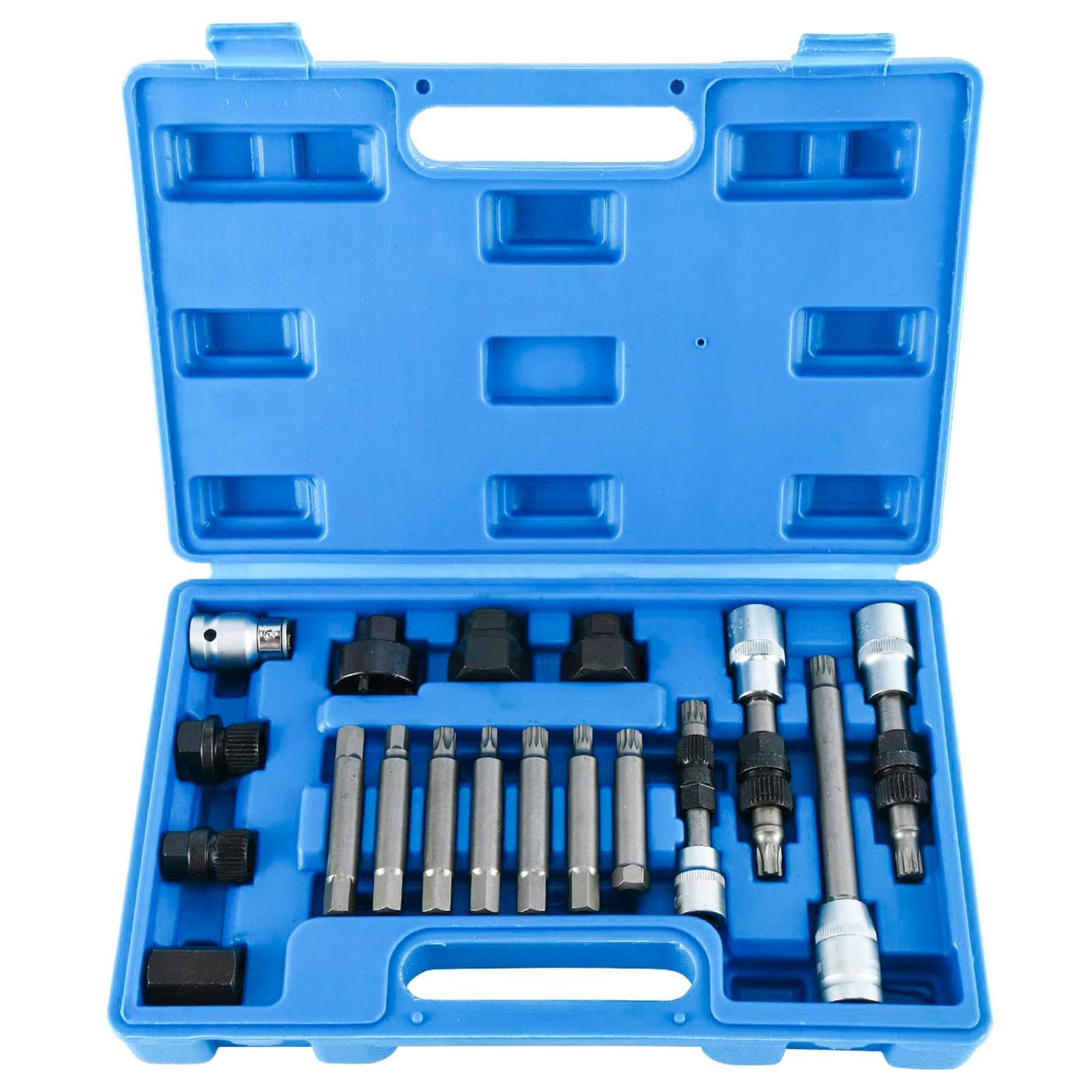 FreeTec 18pcs Alternator Pulley Removal Tool, 1/2" Drive Alternator Clutch Pulley Tool, Alternators Freewheel Pulley Star Spline Socket Bit with 33 Teeth Compatible with VW Audi Vag Fiat