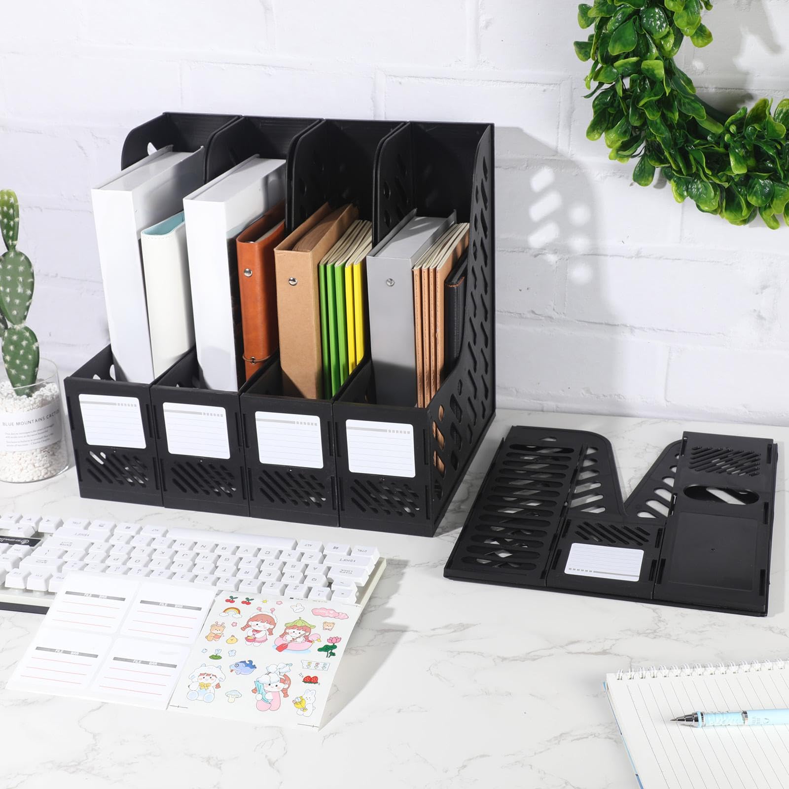 Glenmal 6 portariviste in plastica, pieghevoli, verticali, organizer da scrivania, per casa, ufficio, scuola, desktop, accessori estetici (nero)
