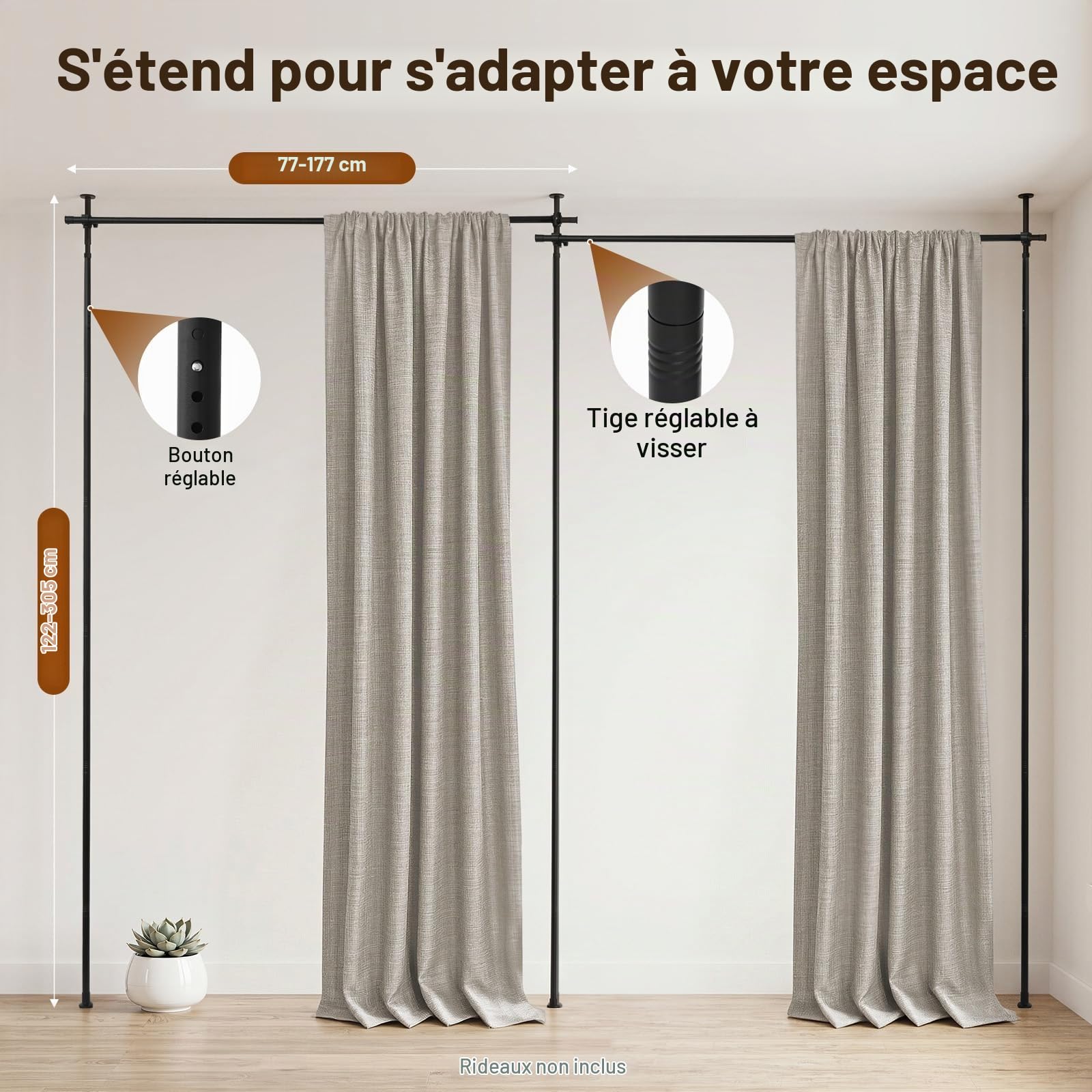 Barre de Séparation Pièce sans Perçage – Tringle Rideau Télescopique Réglable en Hauteur 1,5 m à 3,5 m, Support Mural Autoportant pour Cloison Amovible, idéal Locataires