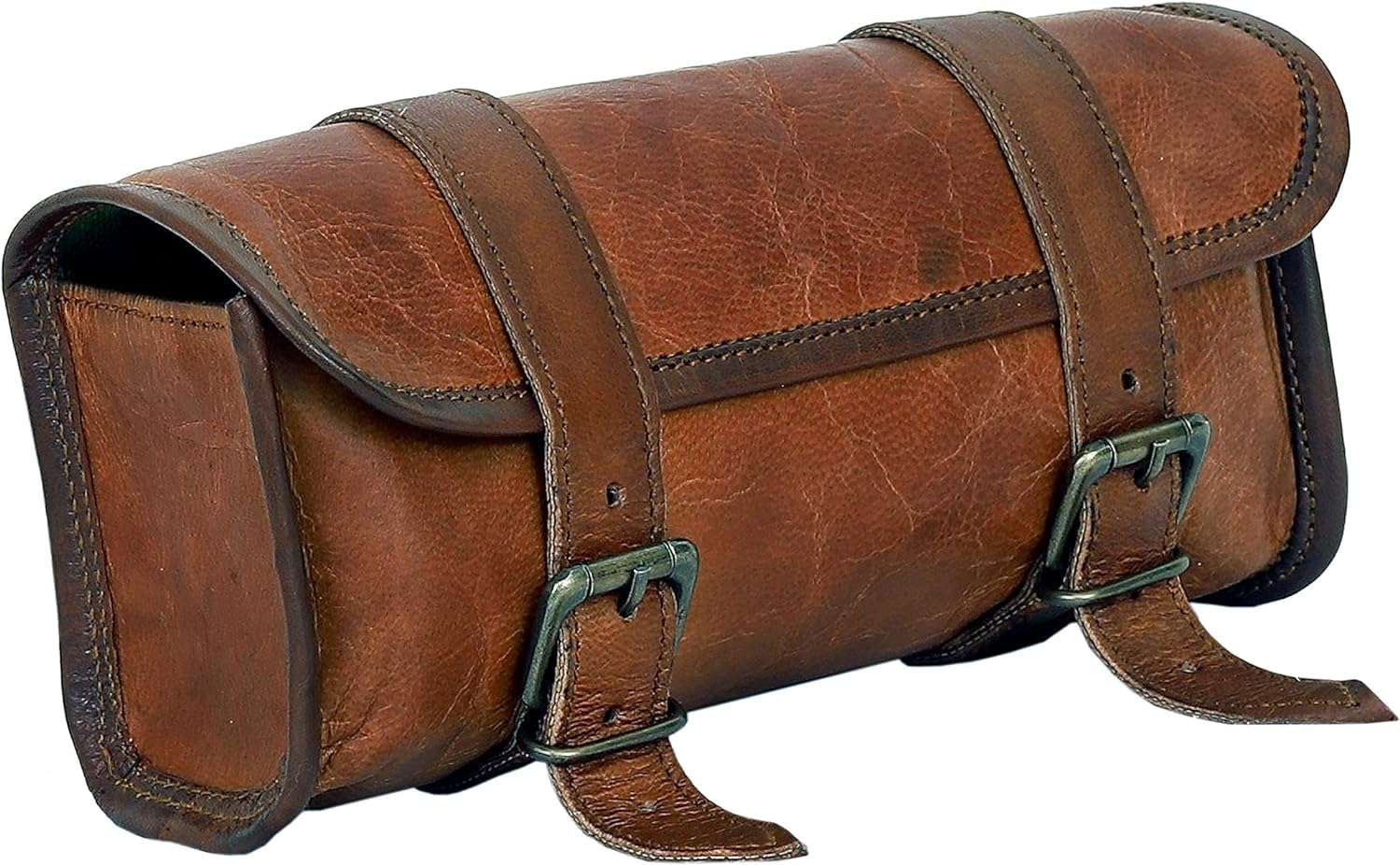 american blue Borsa da moto vintage, in vera pelle di capra, con fibbia a 2 cinghie e chiusura rapida, borsa porta attrezzi marrone, rinforzata, per manubrio, forcelle, bicicletta (motivo 2)
