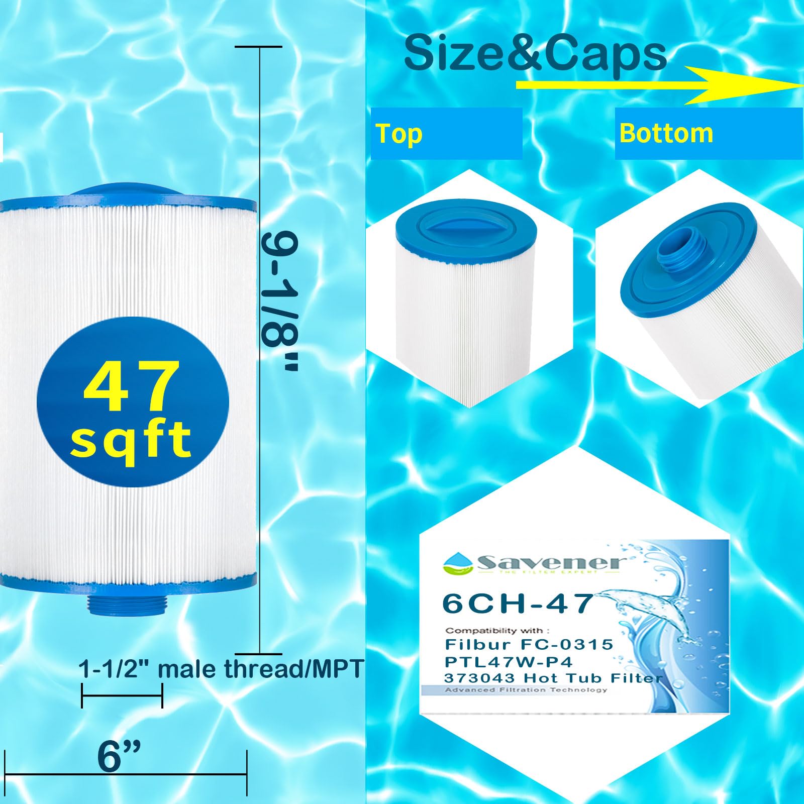 6CH-47 Spa Filter Replacement for FC-0315, PTL47W-P4, 373043, 60471 Hot Tub Filter Spa Filter Cartridge, 47 sq.ft, 1 Pack
