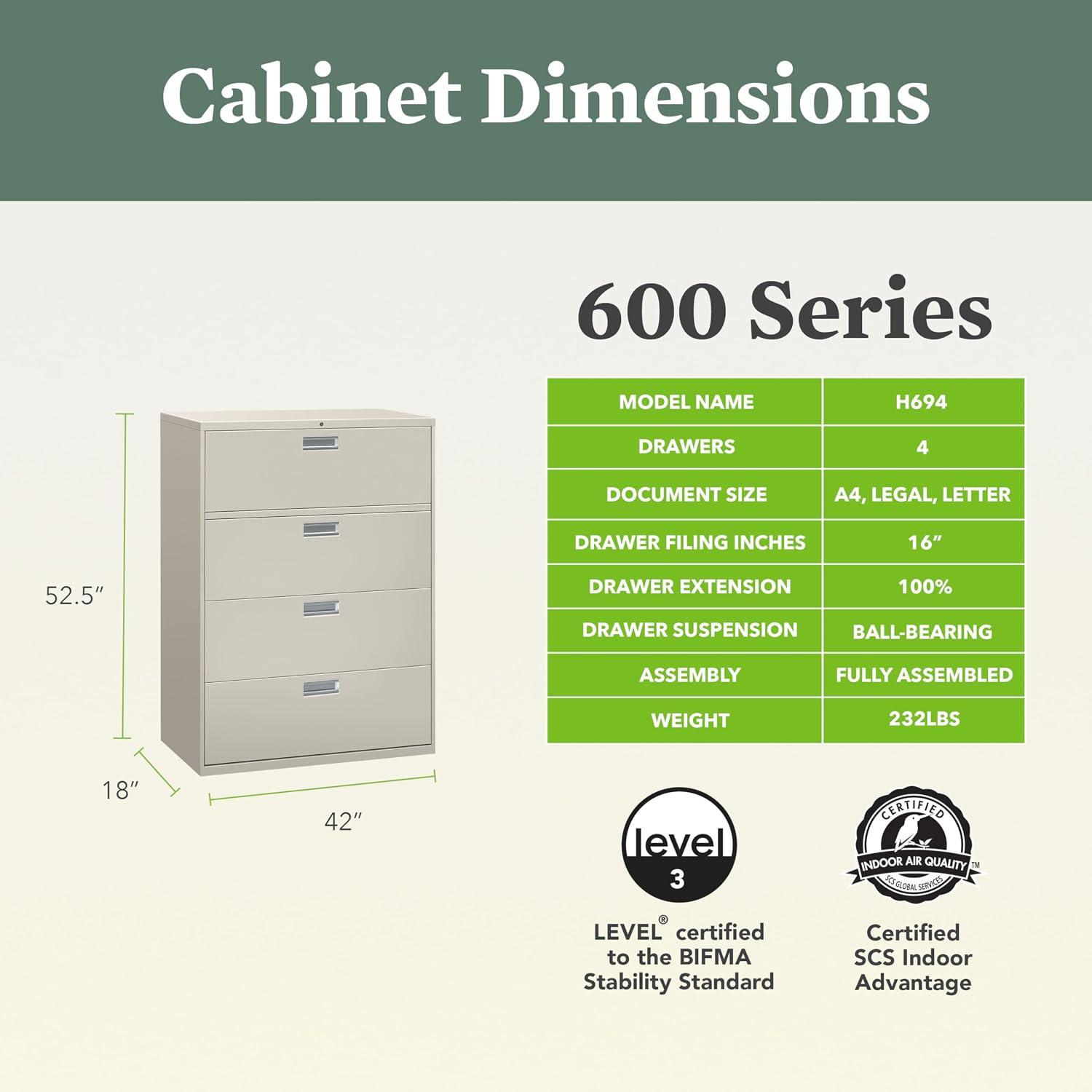 HON 4 Drawer Lateral File Cabinet with Lock, Metal Filing Cabinets for Offices, Adjustable Hangrails for A4, Legal, Letter Files, 18" Deep, Light Gray
