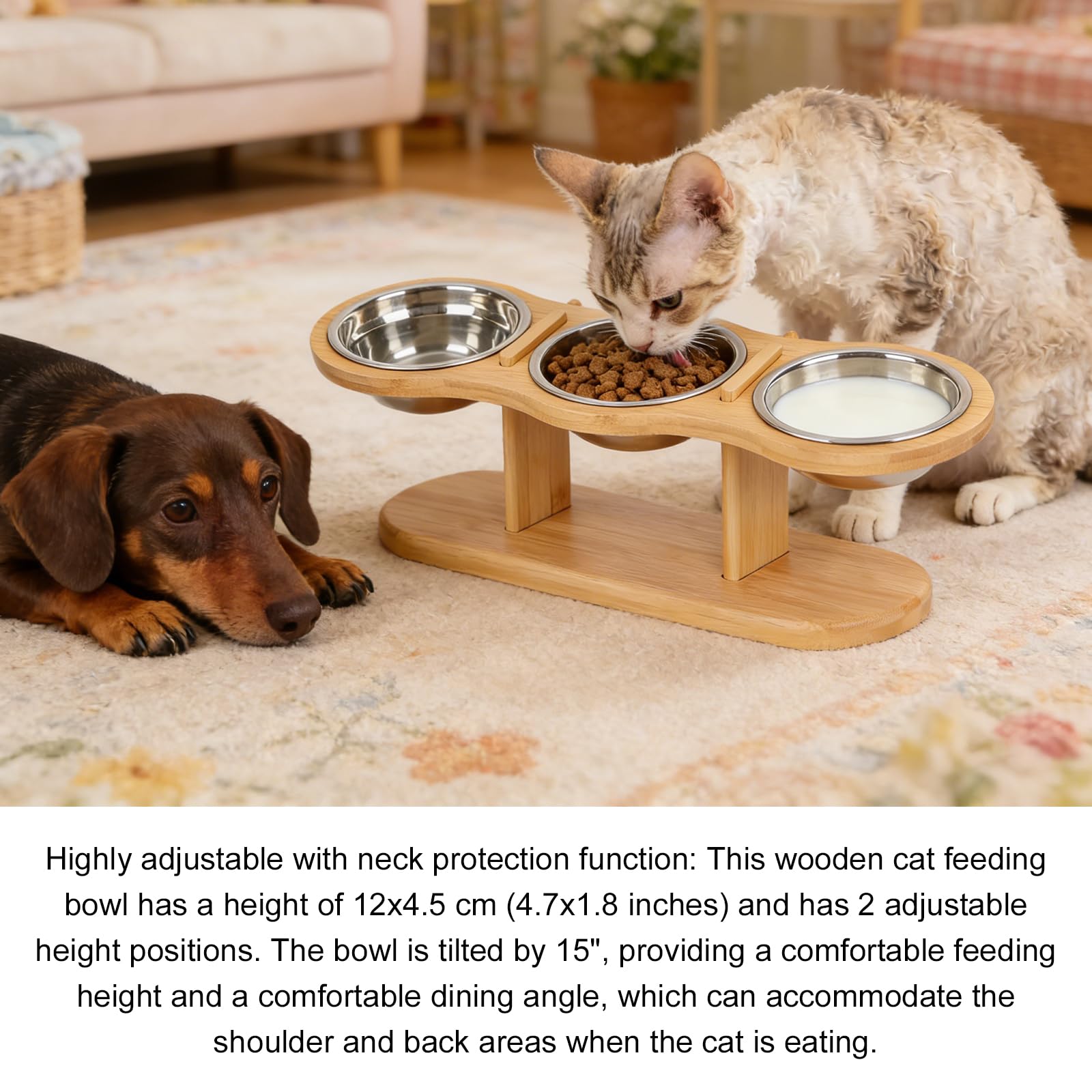 Gamelle Chat Surélevée avec 3 Bols en Acier Inoxydable, Support en Bois, Hauteur Réglable, Gamelle Surélevée pour Chat, Support Gamelle Chat,Gamelles pour Chats et Petits Chiens