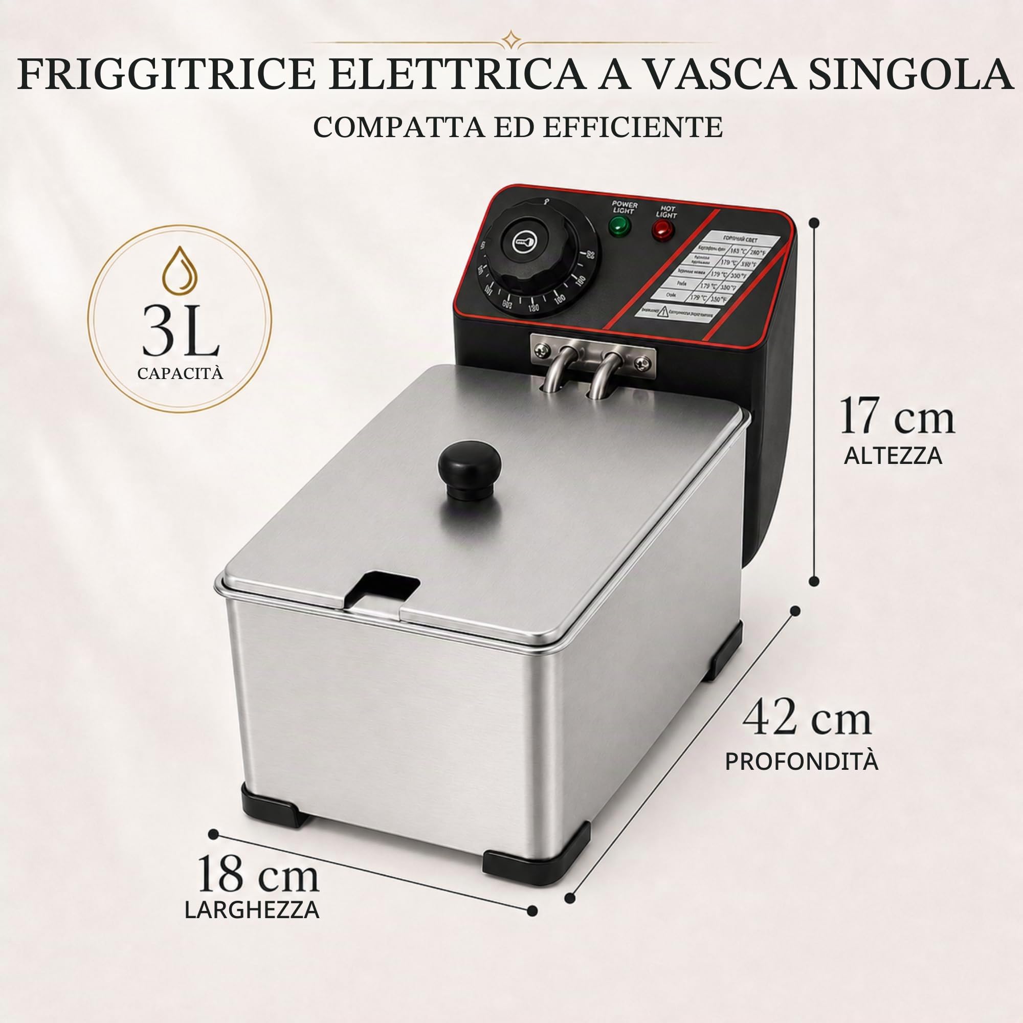 Friggitrice Elettrica Professionale 3L in Acciaio Inox | Friggitrice a Olio, Cestello Estraibile, Temperatura Regolabile, Design Compatto, Per Casa, Bar, Cucina e Ristorazione