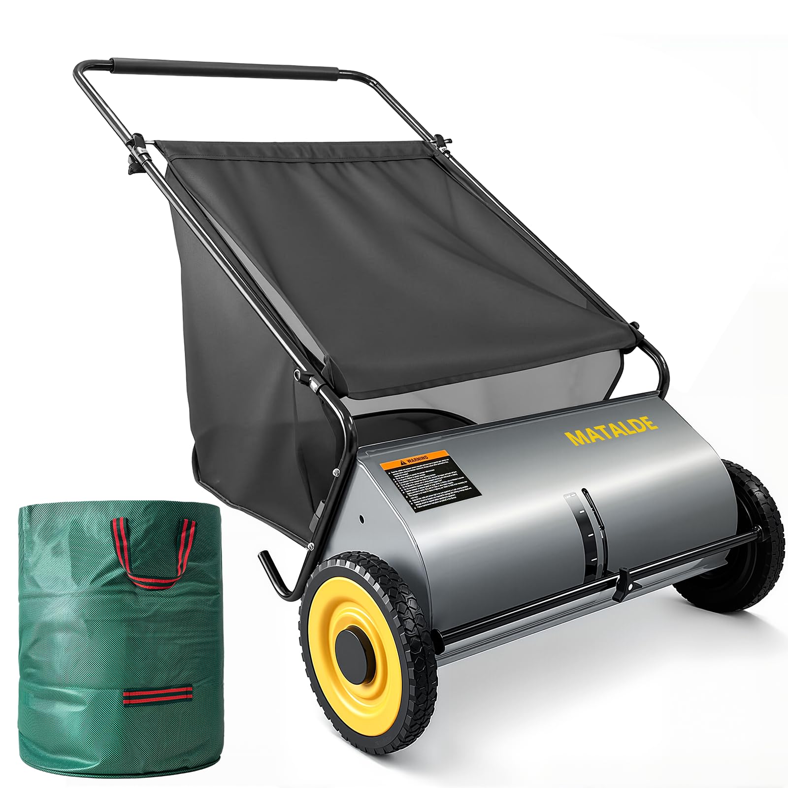 Photo 1 of ***MISSING BAG** MATALDE 26" Push Lawn Sweeper with 7.5 cu. ft Mesh Collection Hopper Bag, 100L Leaf Bag, 4 Adjustable Height Spinning Brushes, Steel Frame & Rubber Wheels – Quick Cleaning for Leaves and Grass,Grey