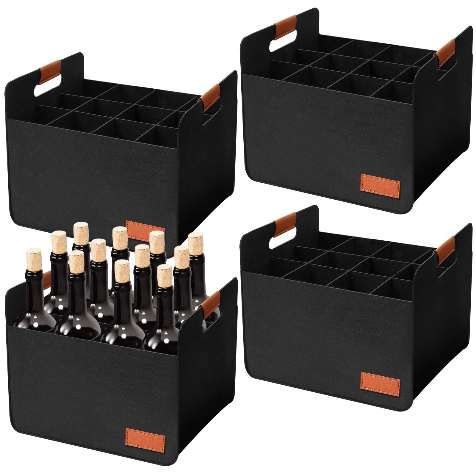 Windyun 8 Pcs 12 Bottle Wine Carrier Tote with Reinforced Cardboard Set 14.57 x 12.6 x 10.63 Inch Reusable Felt Wine Tote Bag with Handles Collapsible Ratafia Packing Boxes for Moving (Black)
