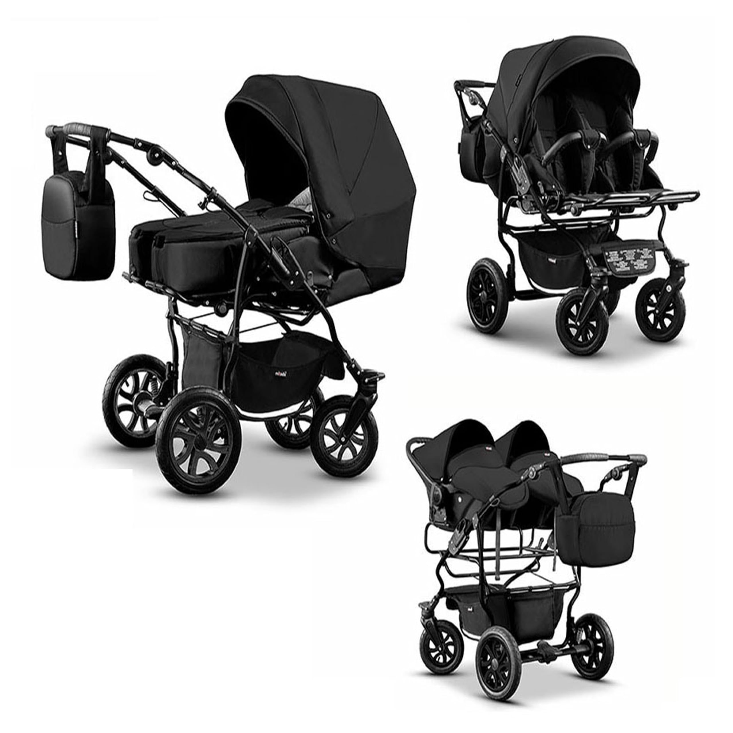 Zwillingskinderwagen 3 in 1 City Twin - 15 Teile - in Farbe Schwarz