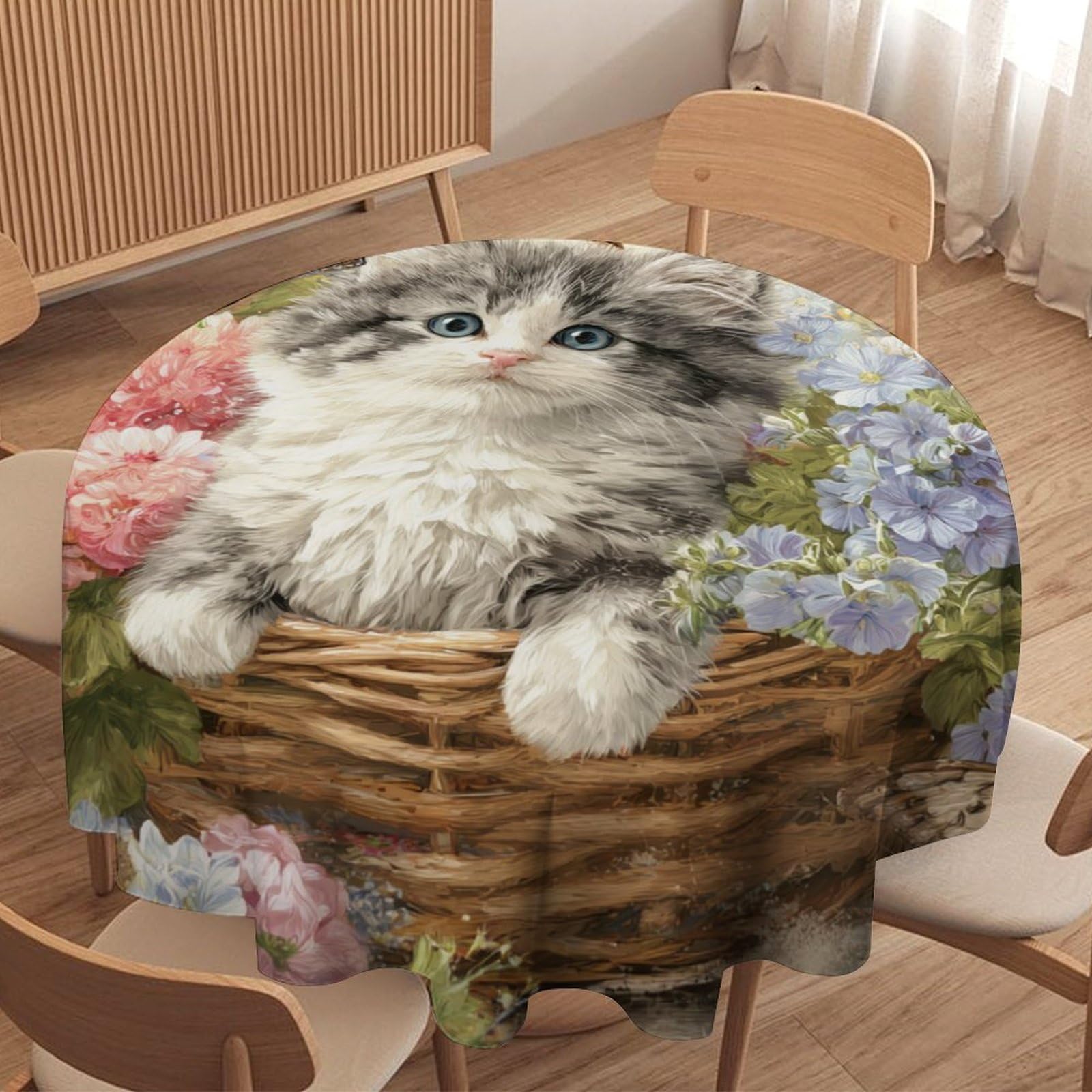 LUYYSKY Classic Modern Cute Cats Waterproof Round Tablecloth Retro Watercolor Plant Daisies Flowers Animals Kittens Butterflies Washable Table Cover for Kitchen-177.8" Wx177.8 L cm