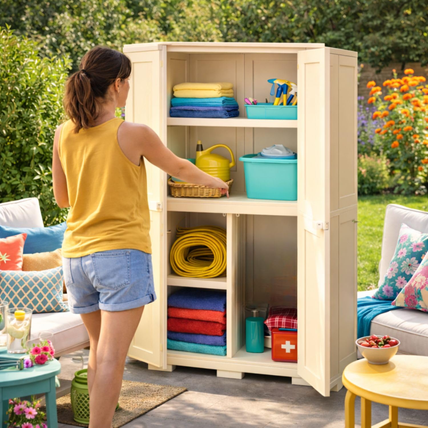 Armadio Multiuso in Plastica 79x43x164 cm – Armadio Contenitore 2 Ante con 5 Vani Interni per Organizzazione Casa (Panna)