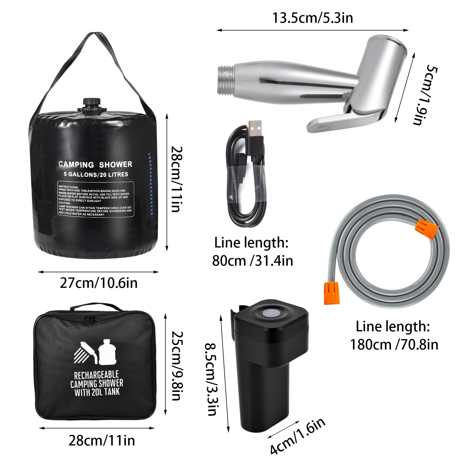 20L Sacco d'Acqua per Campeggio Doccia Portatile,termometro,Riscaldamento Solare,Batteria Integrata 4400mAh,Ricarica USB,spruzzatore,Adatto per Escursioni/Zaino,Campeggio,Spiaggia,Giardino