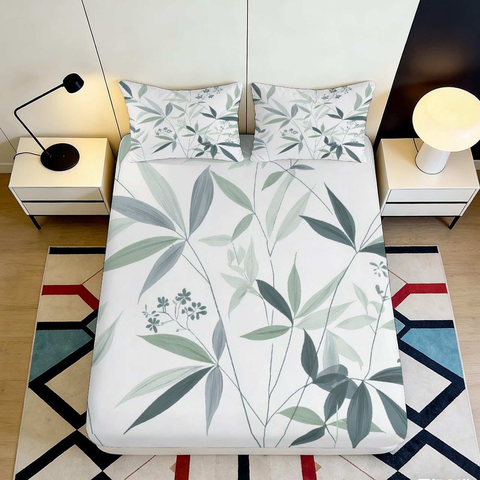 3D Printed Botanical Leaves Fitted Sheet Microfiber Soft Green Plant Mattress Cover for Bedroom Dorm Decor 90x200x25cm