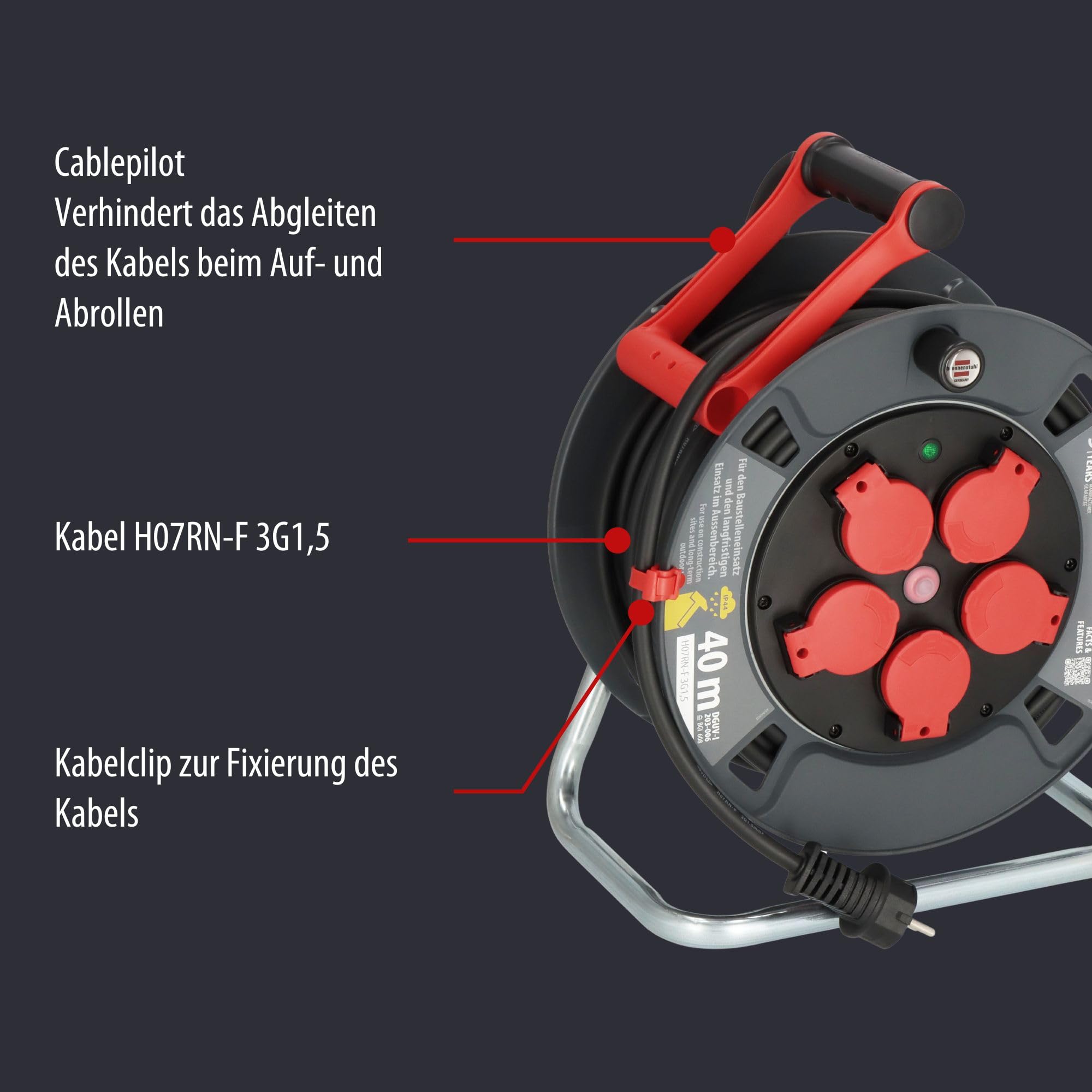 Brennenstuhl Avvolgicavo professionale 300 KU 4100 (cavo da 40 m in nero, in plastica speciale, inserto per cantieri e uso costante in esterni, Made in Germany)