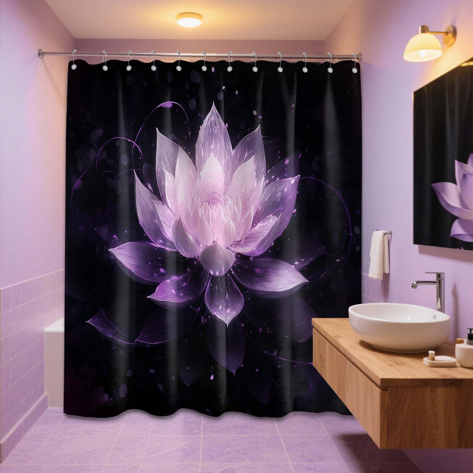 LanZanthic Lotus Shower Curtains for Bathroom Black and Purple Floral Spa Zen Wet Room Shower Curtain with hooks - Image 2