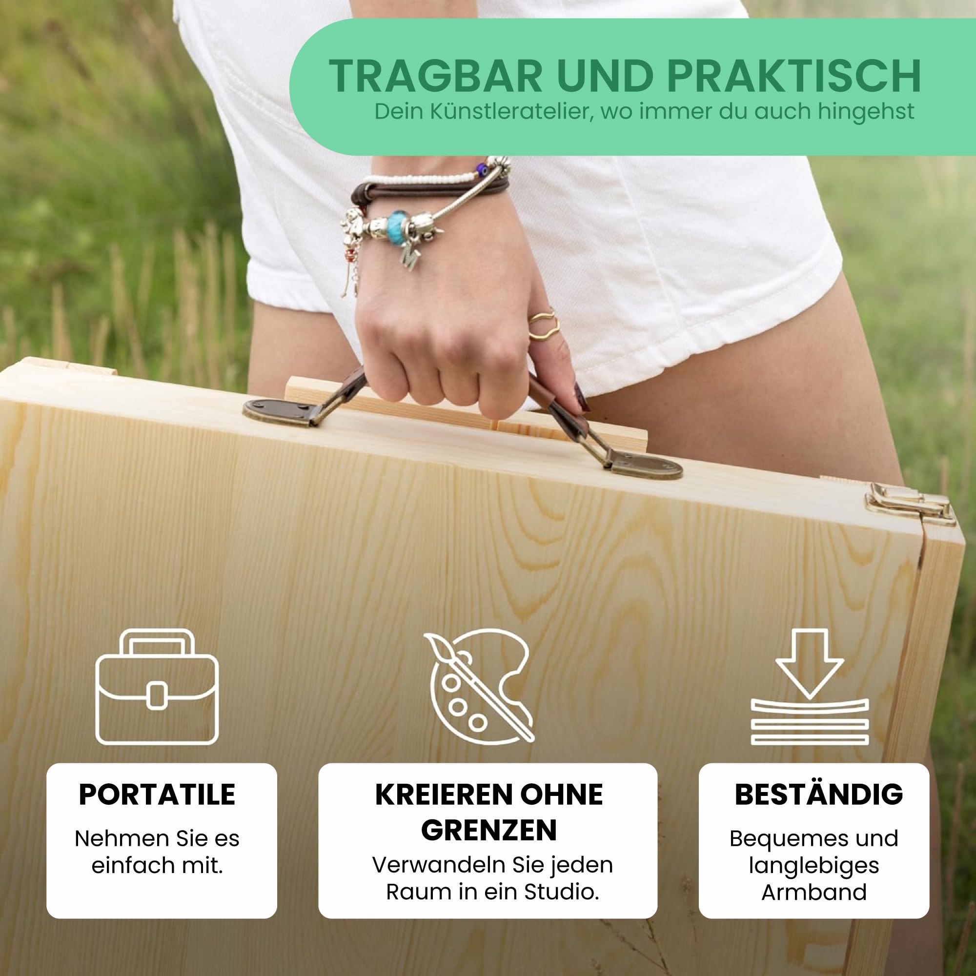 Acryl-Malset, 34-teilig, Staffelei, Holzkoffer, tragbar, 24 Tuben, 12 ml, lebendige Farben, Leinwand, 24 x 30 cm, 6 Pinsel, Spachtel, Palette, komplettes Set, Erwachsene, Kinder, Anfänger