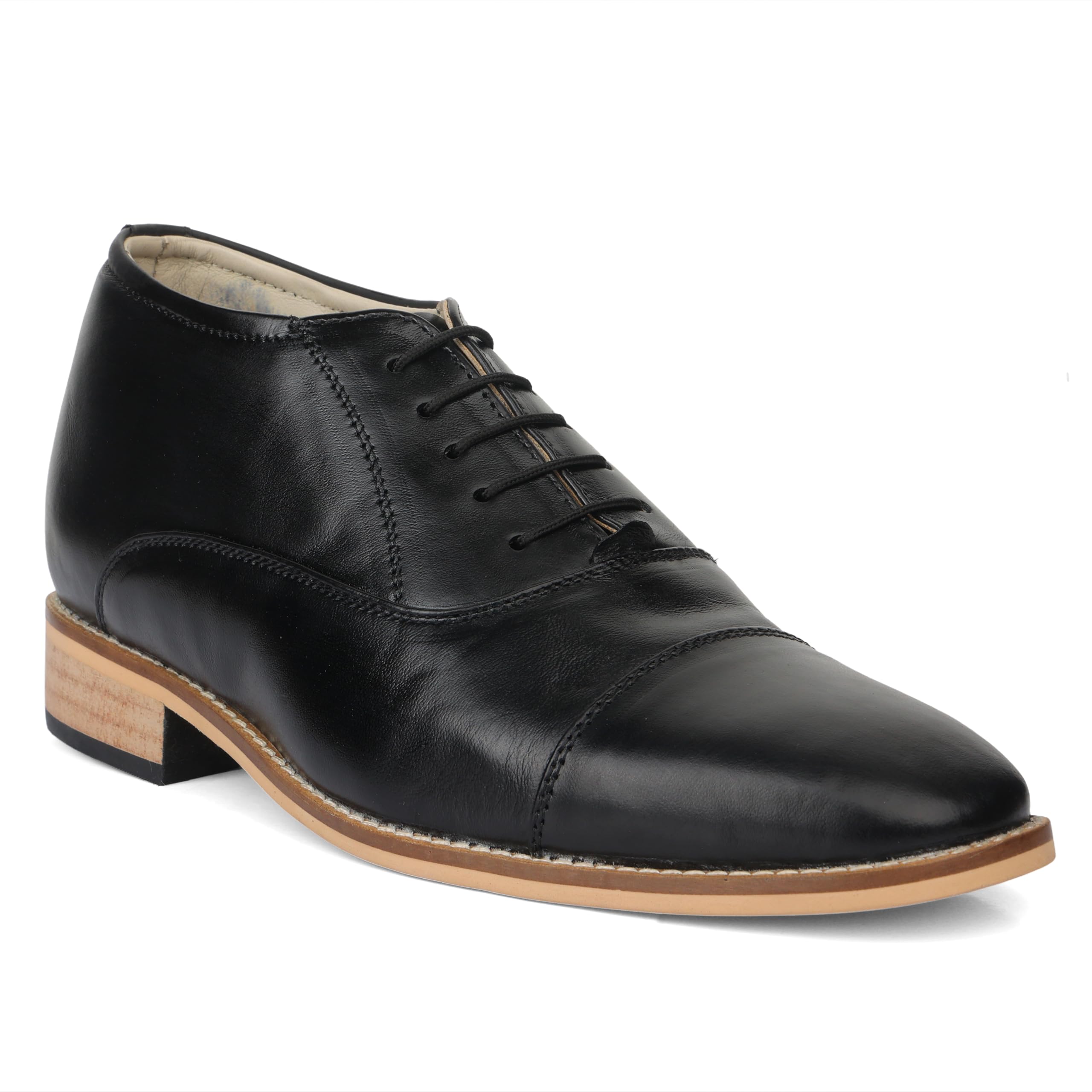 Elevator Shoes : 3 Inches Hidden Height Increasing Oxford Shoes for Men, Handmade Black Full Grain Leather with Memory Foam Footpad.-image-6