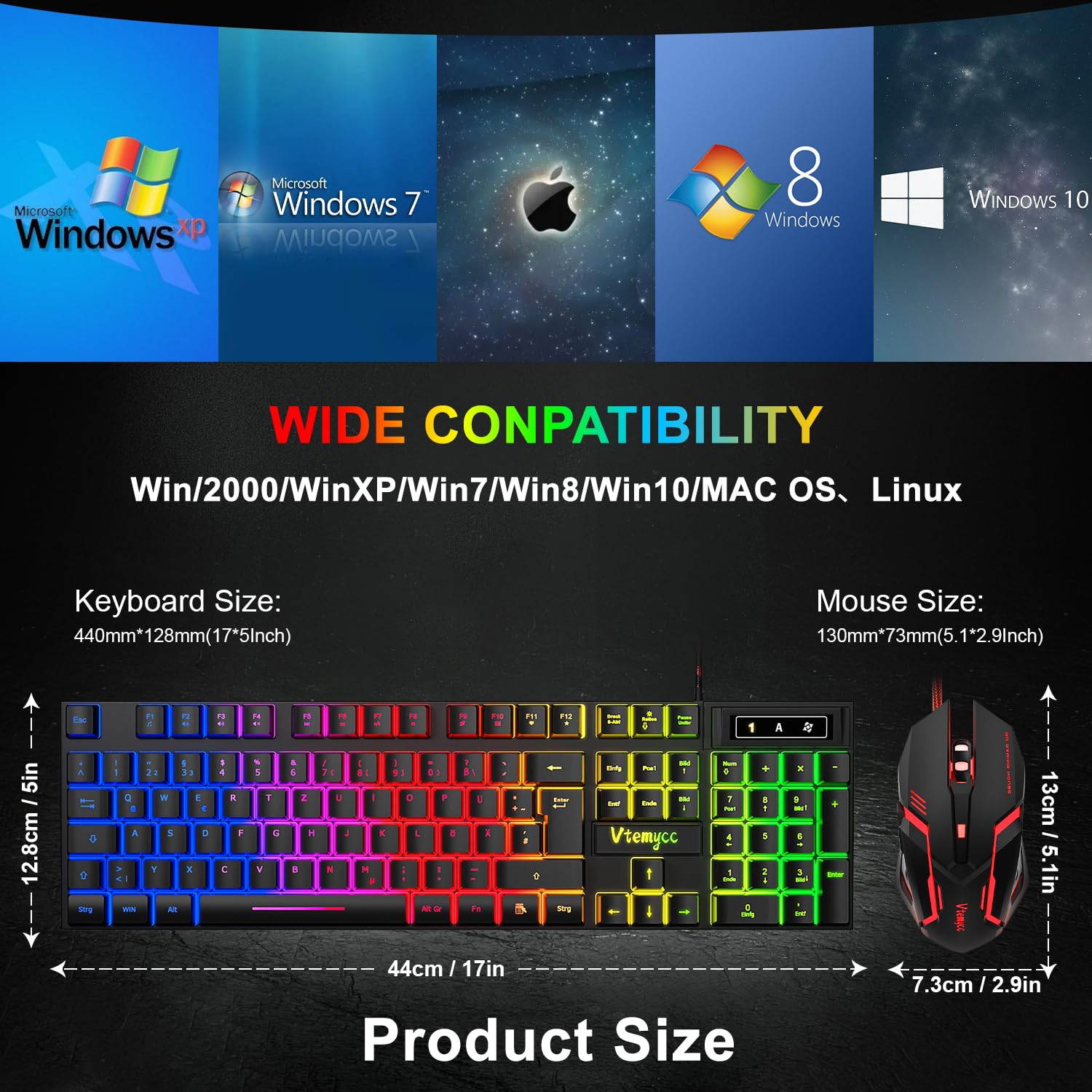 Gaming Tastatur und Maus Set, QWERTZ DE Layout, RGB Hintergrundbeleuchtung Tastatur Beleuchtet, 4 Farben Ergonomische Gaming Maus, USB Kabelgebundene Tastatur Maus mit Mauspad für PC, Mac