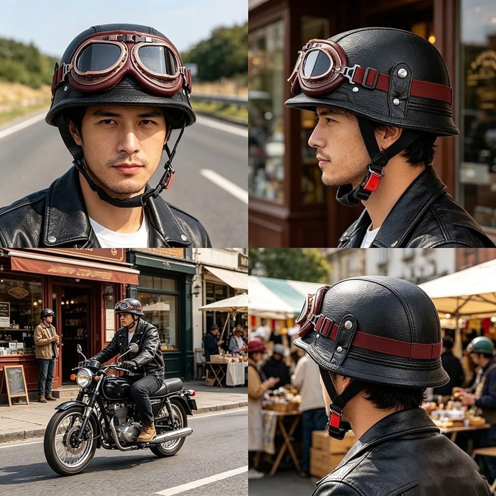 Deutscher Retro Halbschalenhelm Halbhelm,ECE 22.06geprüft,Leichte ABS-Schale in PU-Lederoptik mit Fahrerbrille und Gesichtsmaske,Unisex für Stadt Pendler und Cruiser,M-2XL(57-64cm)