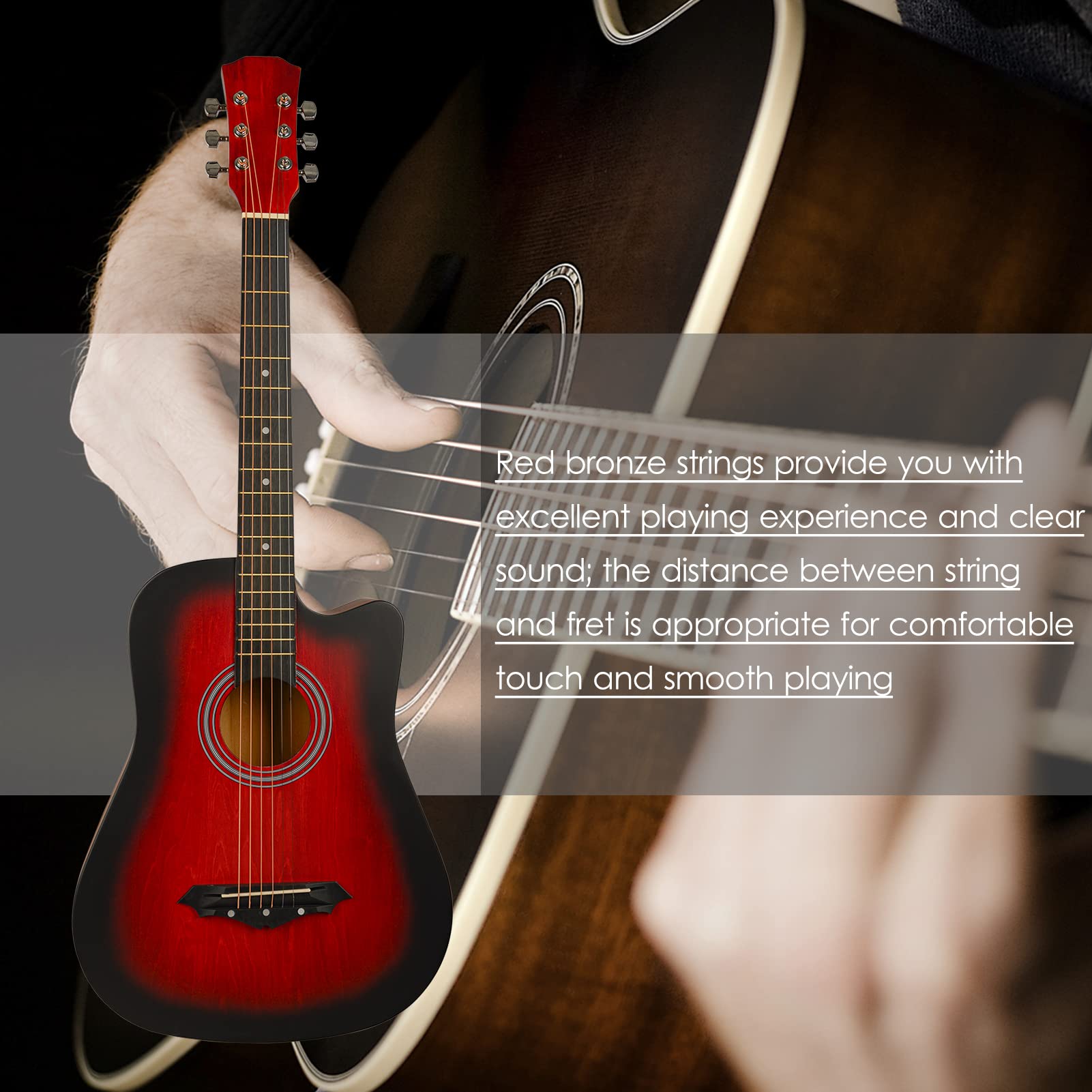Gitara akustyczna, HUIOP gitara akustyczna w przekroju gitara ludowa 38 cali, ręcznie tarte drewno lipowe z celuloidowym podkładem, uchwyt na kostkę, deska ochronna, pasek, tuner, kapodastra