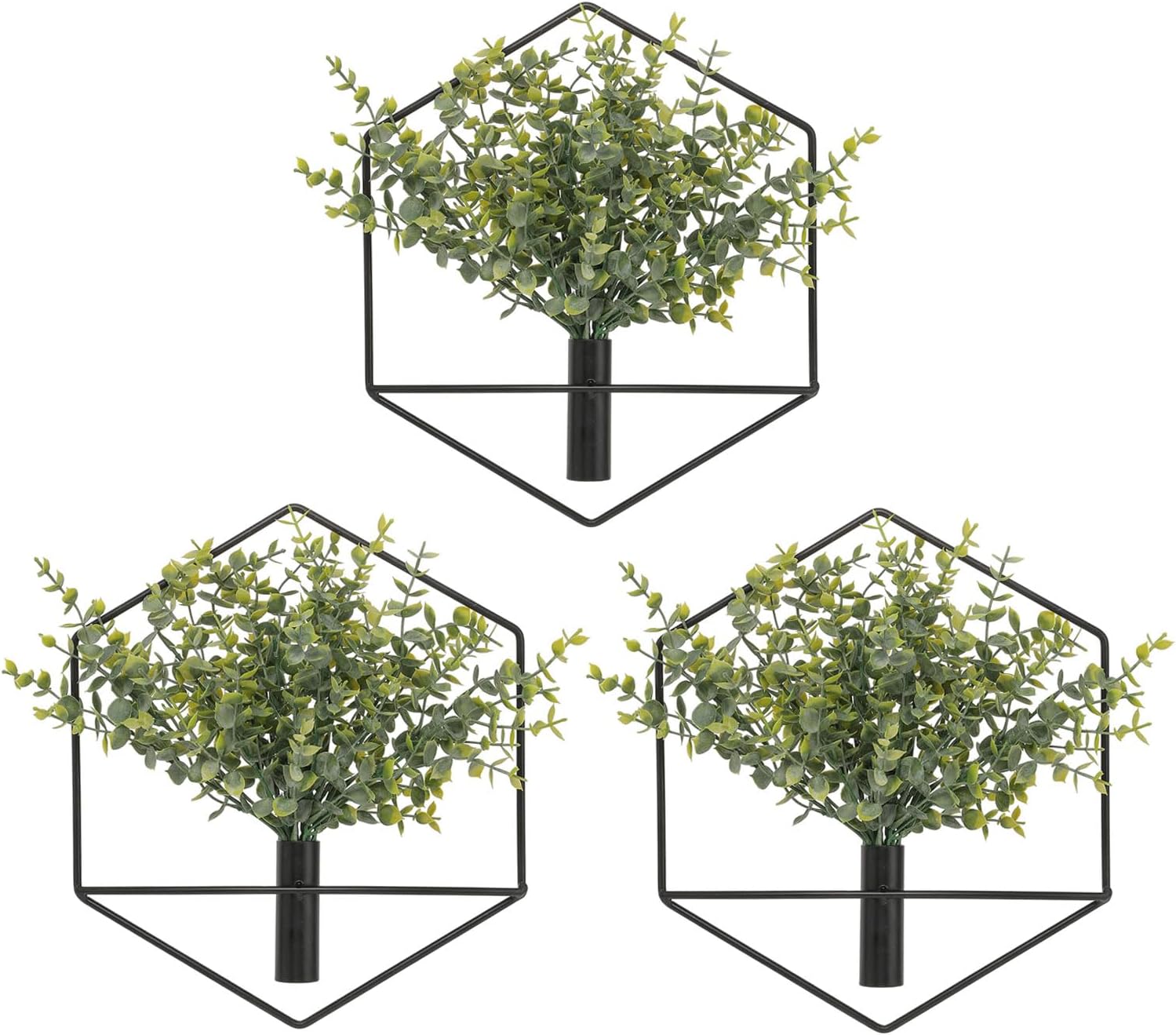 Pretty Jolly Wall Decor, Hexagonal Wall-Mounted Metal Wall Decor, Hanging Artificial Plant Indoor Display, Wall Art Living Room, Bedroom, Honeycomb Greenery Wall Decor 3 Pack Black Eucalyptus