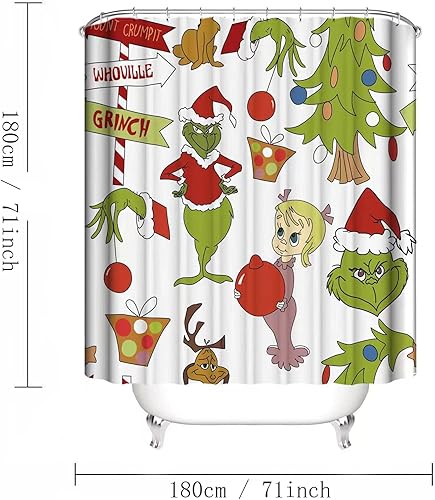 Miniatura 6 de Juego de 4 cortinas de ducha navideñas con alfombras antideslizantes, cubierta para tapa de inodoro y tapete de baño, decoración navideña para baño,