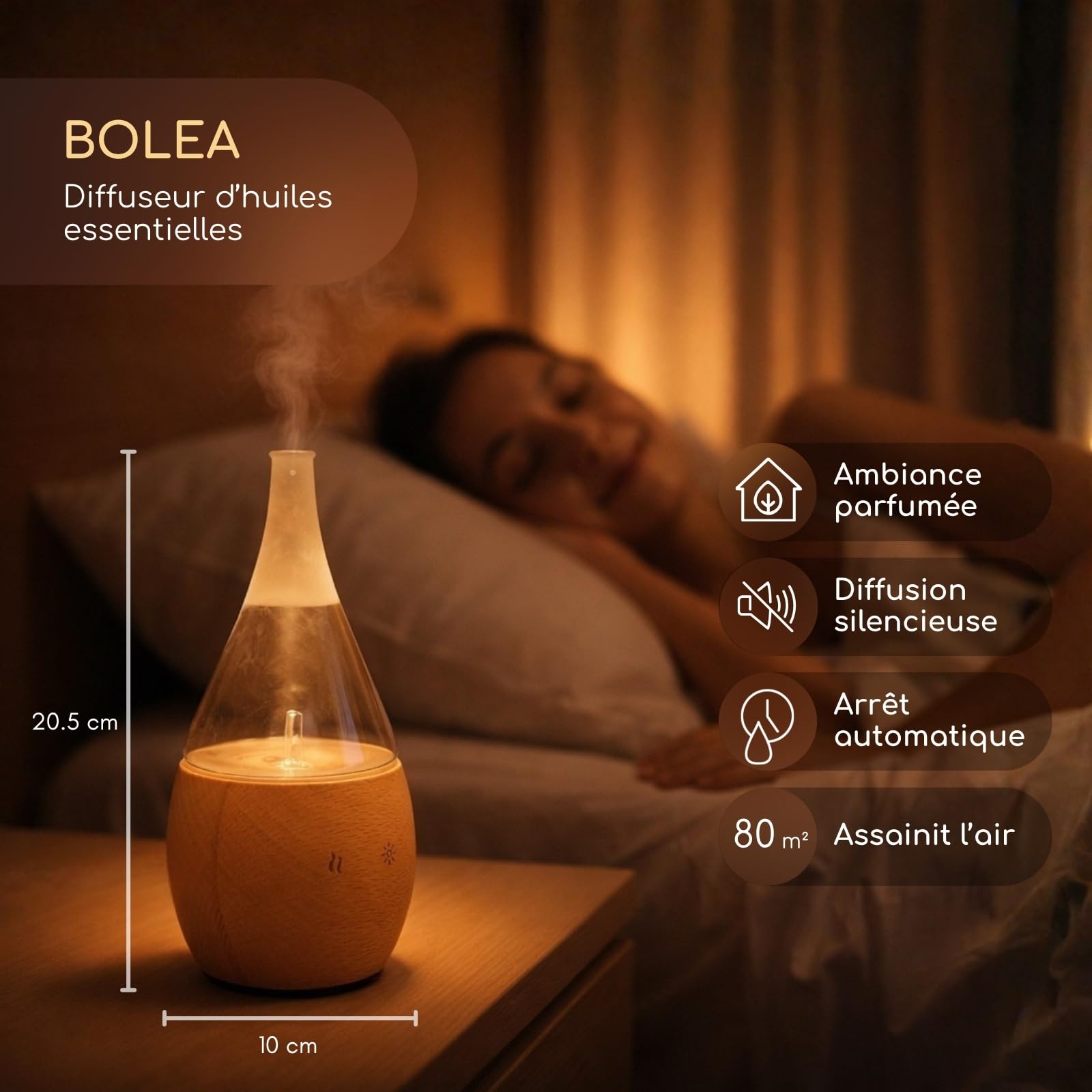 Zen'Arôme - Diffuseur d'Huiles Essentielles par Nébulisation Programmable Bolea - Intensité Réglable - jusqu'à 80m² - et Éclairage LED - Diffusion à Froid pour l’Aromathérapie, Minuterie - Bois, Verre