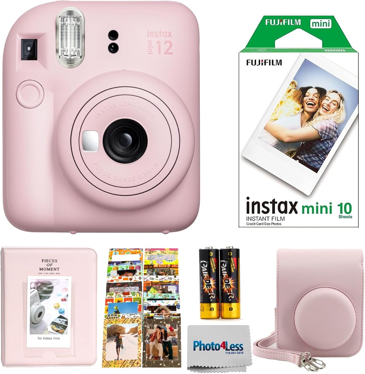 Cámara de película instantánea FUJIFILM INSTAX MINI 12 (rosa flor) + paquete individual de película instantánea Fuji Instax - 10 impresiones + funda protectora - rosa + álbum de fotos - + pegatinas de viaje - ¡Paquete!