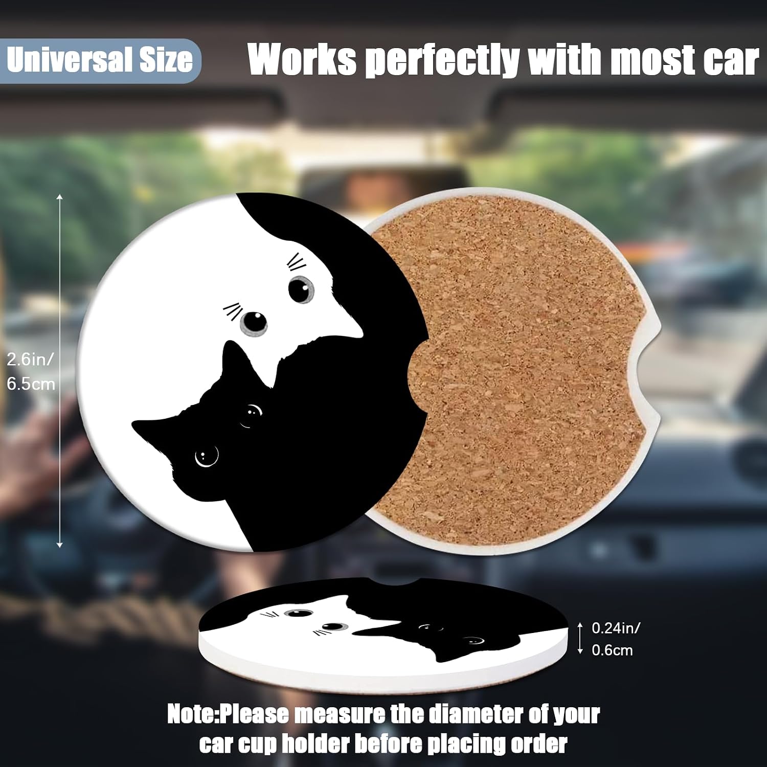 Car Cup Holder Coaster -Black White Cat Absorbent Ceramic Coaster, Car Coasters for Cup Holders, Auto Accessories for Women & Men, Pack of 2 image 2