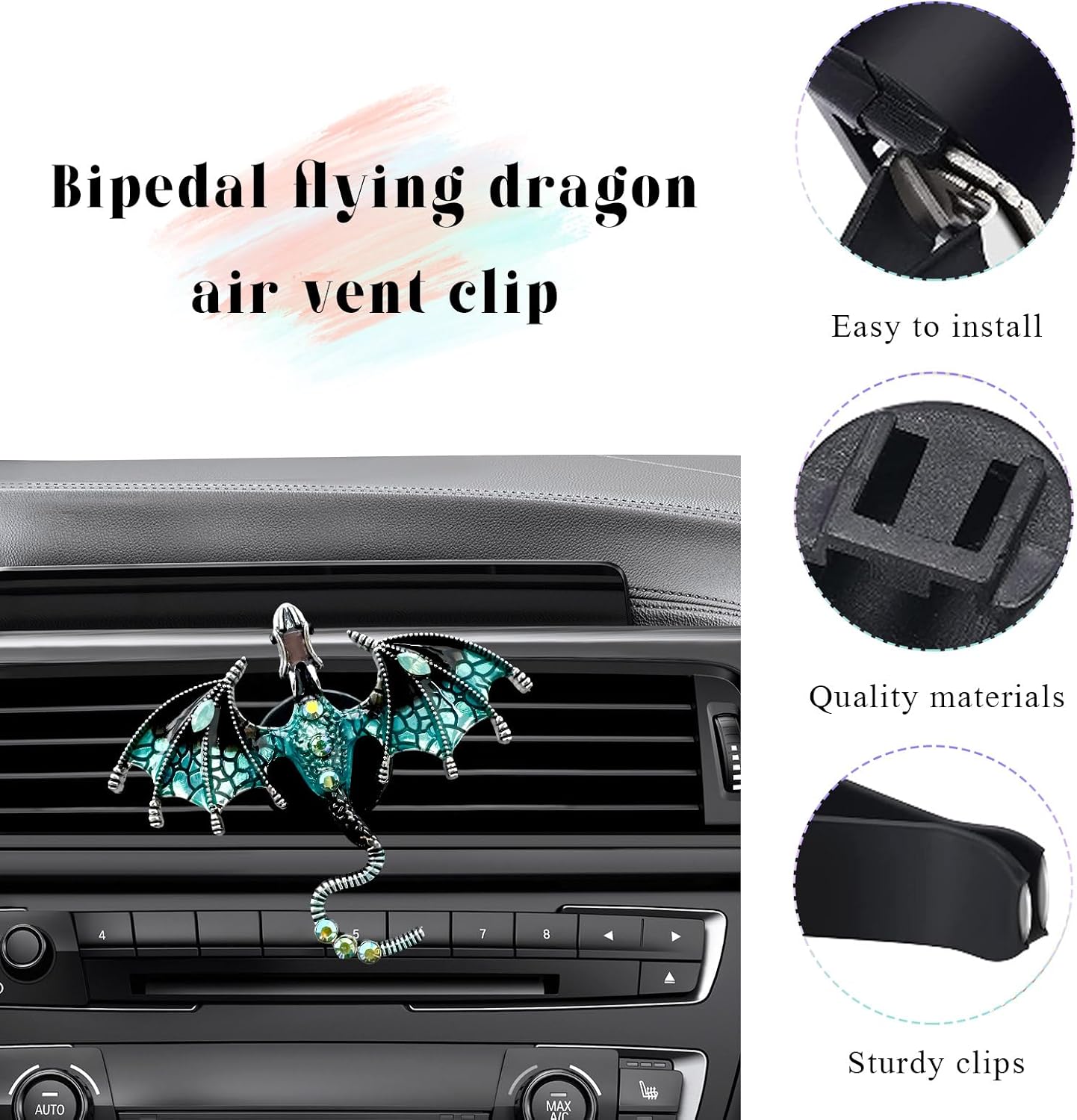 2PCS Bling Wyvern Car Air Freshener Vent Clips, Alloy Enamel Dragon Auto Outlet Clips with Fragrance Tablets, Refillable Cute Flying Dragon Crystal Vent Clip Aroma Diffuser (Blue) image 3