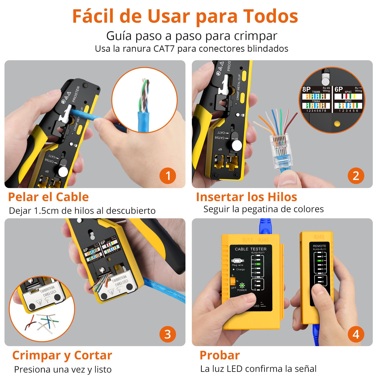 Proster Juego de Crimpadora CAT7 Profesional con Conectores Blindados y Probador Recargable
