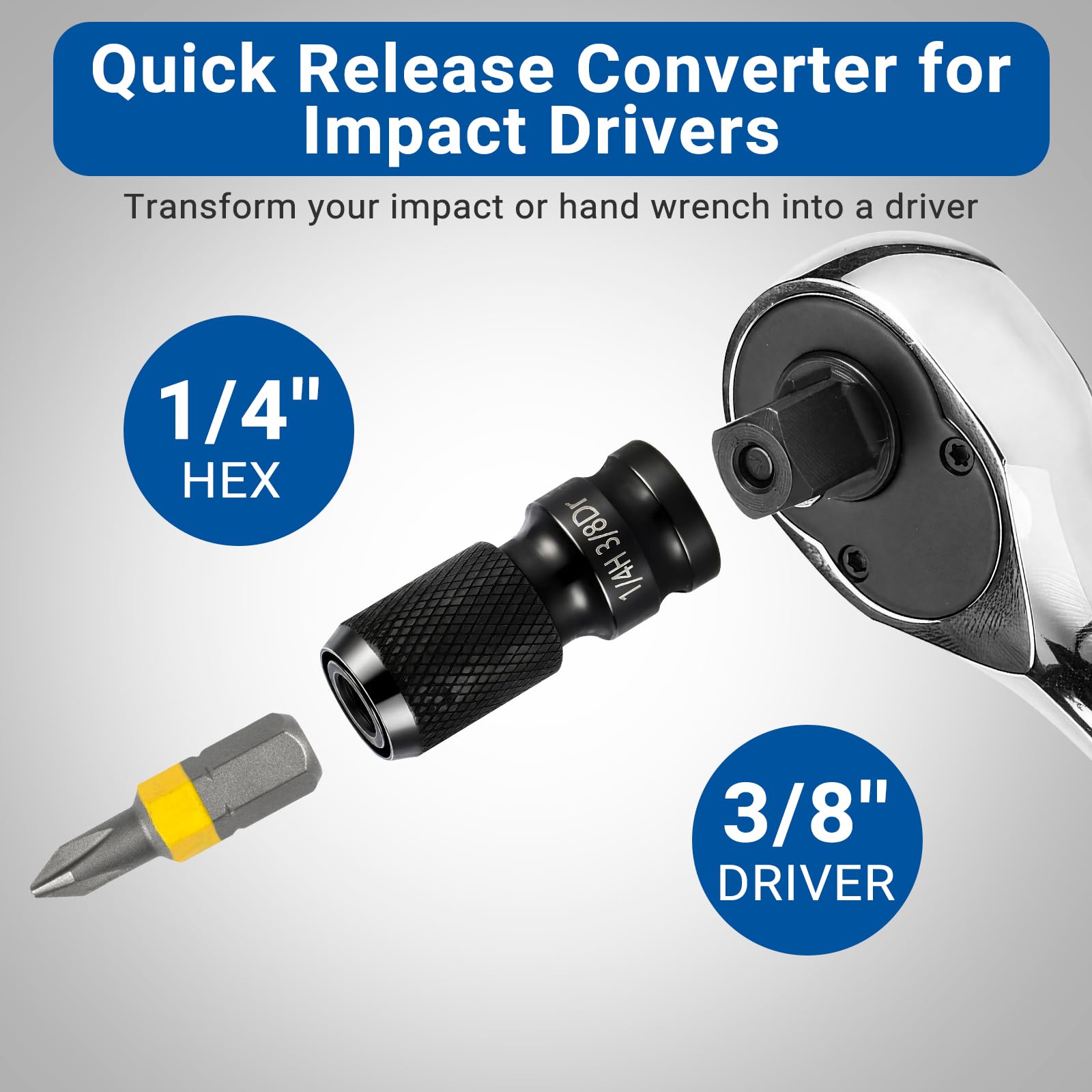 2PC 3/8" to 1/4" Impact Wrench Adapter, Quick Release Bit Holder, Cr-Mo Steel with Black Phosphate Finish, for Impact Driver, Ratchet & Power Tools — Amazon image 3