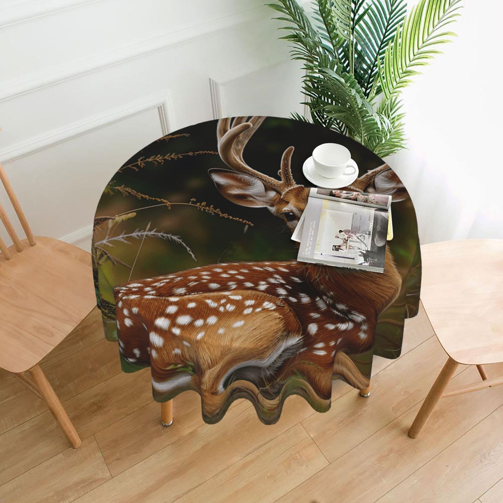 WPKJU Whitetail Deer Fawn in Wilderness Stag Printed Round Tablecloth 60 in Water Resistant Table Cover Washable Table Cloth for Dining Tables