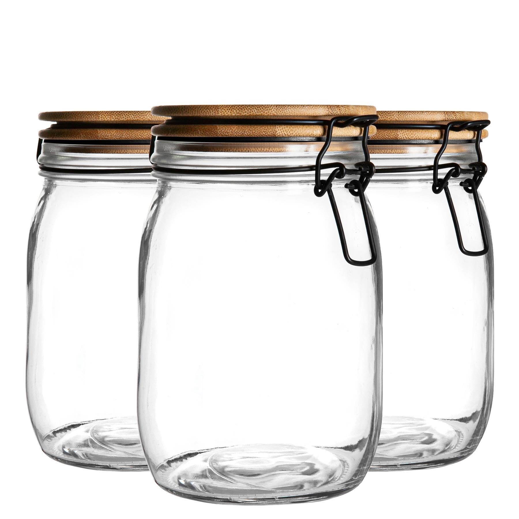 Argon Tableware Wooden Clip Lid Storage Jars - 1 Litre - Black Seal - Pack of 3