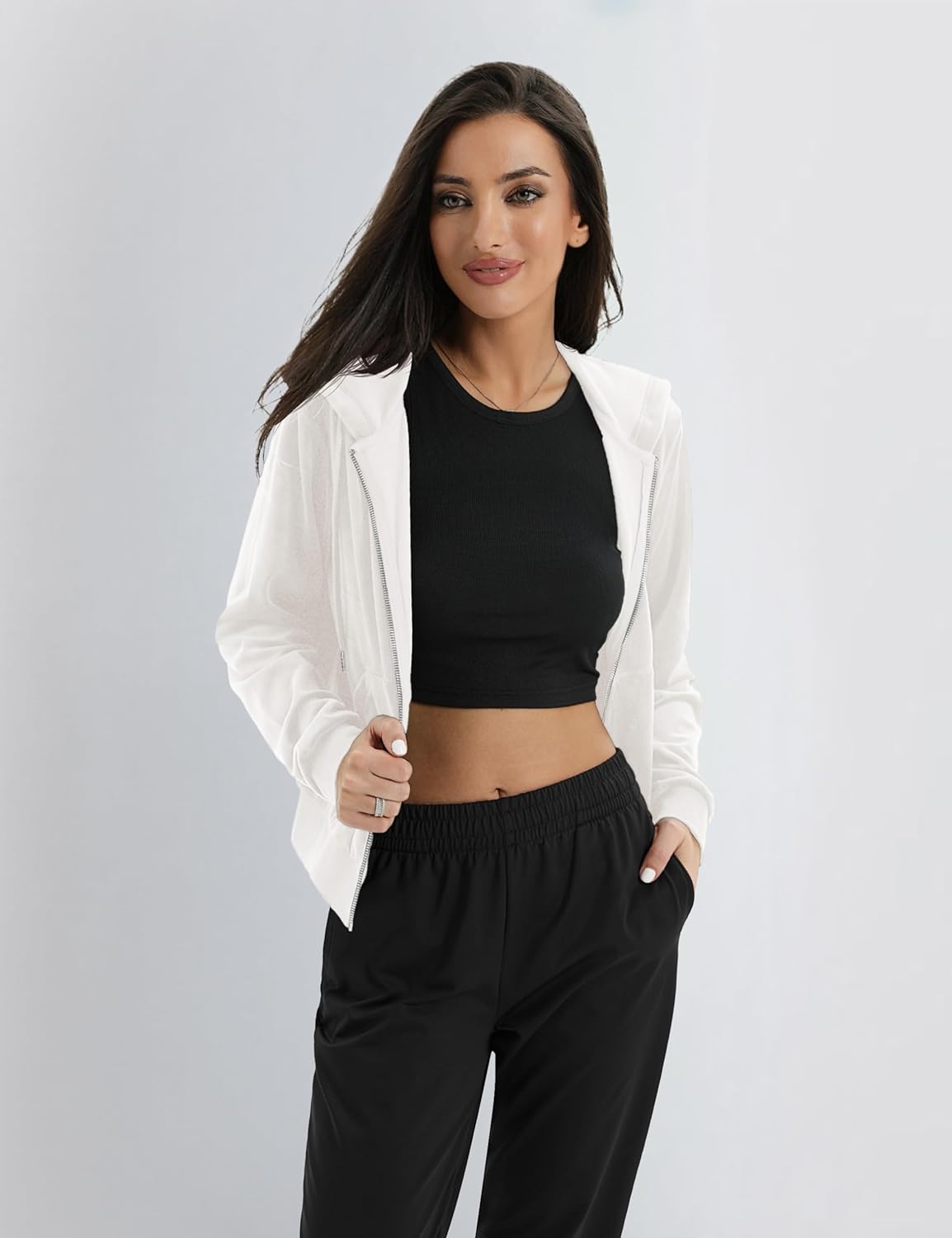 YUCOLEN Womens Zip Up Hoodies Velour Cropped Sweatshirts Soft Fleece Jackets Trendy Fall Outfits with Pockets Drawstring - Image 5