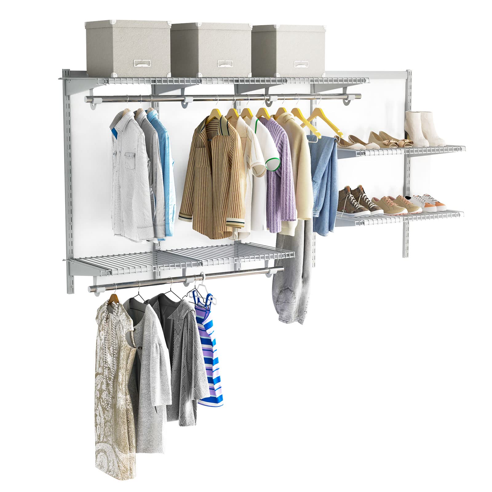 COSTWAY Closet Organiser System, Wall-Mounted Adjustable Metal Rail Garment Rack, Space Saving Clothes Storage Unit for Wardrobe and Bedroom (3 Hanging Rods + 5 Storage Shelves, Grey)