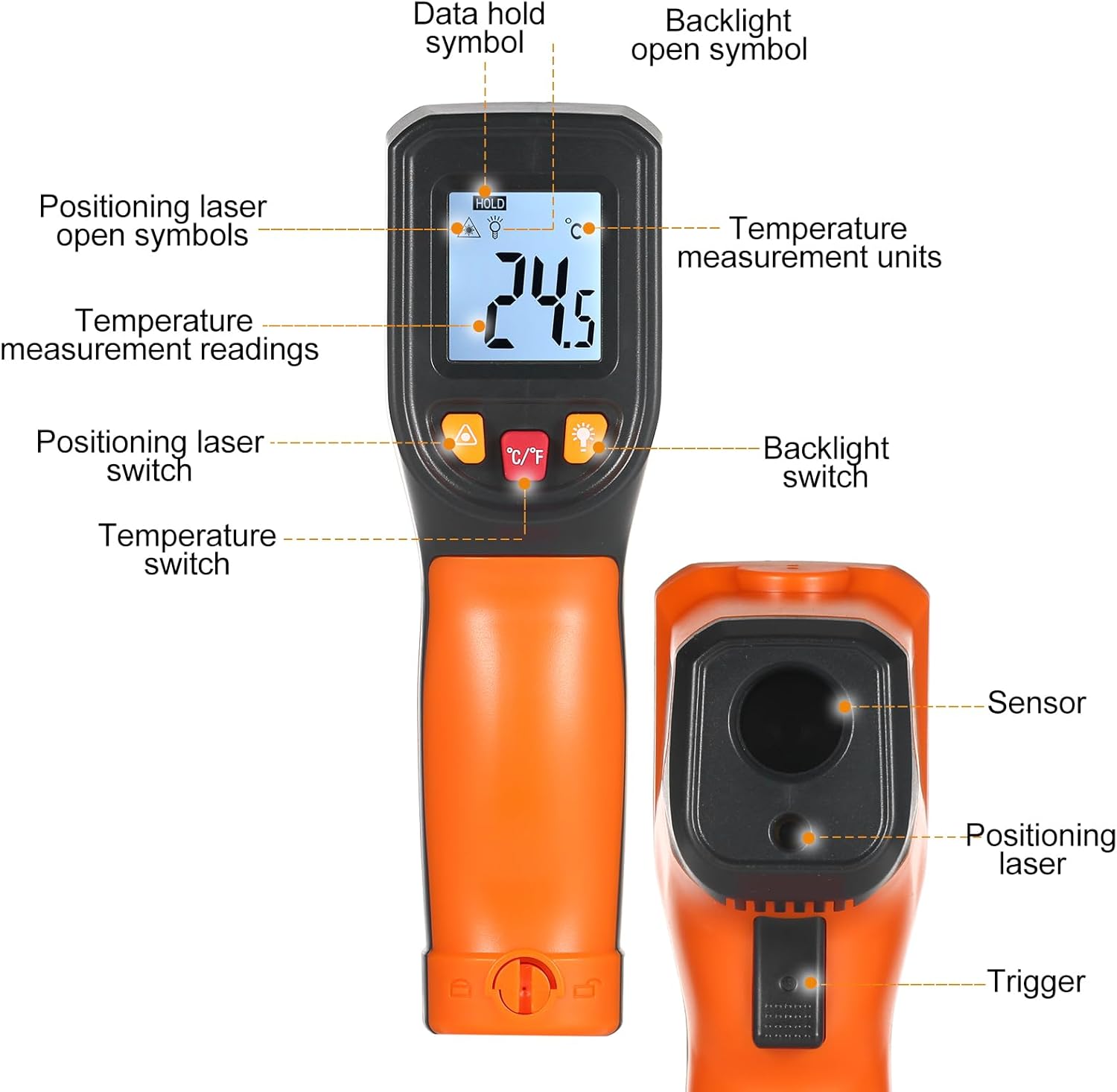 Detailed view of the NJTY T600 Infrared Thermometer's display and control buttons, showing symbols for data hold, backlight, laser, and temperature units.