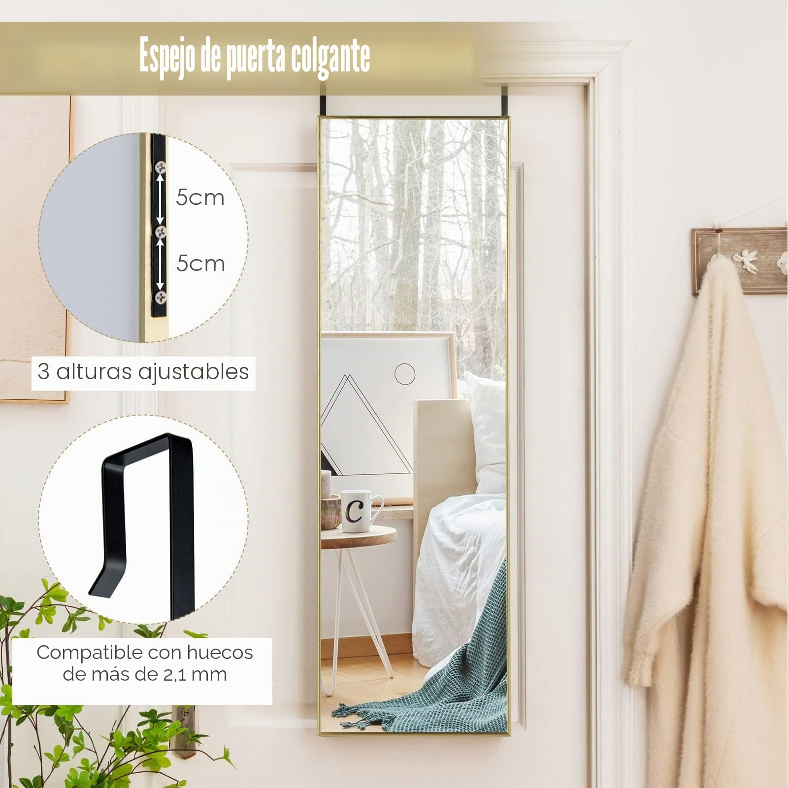GOPLUS Espejo de Pared Cuerpo Entero 2 en 1 | Espejo para Puerta Colgar, Longitud Completa, Estilo Moderno, para Salón Dormitorio Baño, Puerta de 5 cm, Dorado