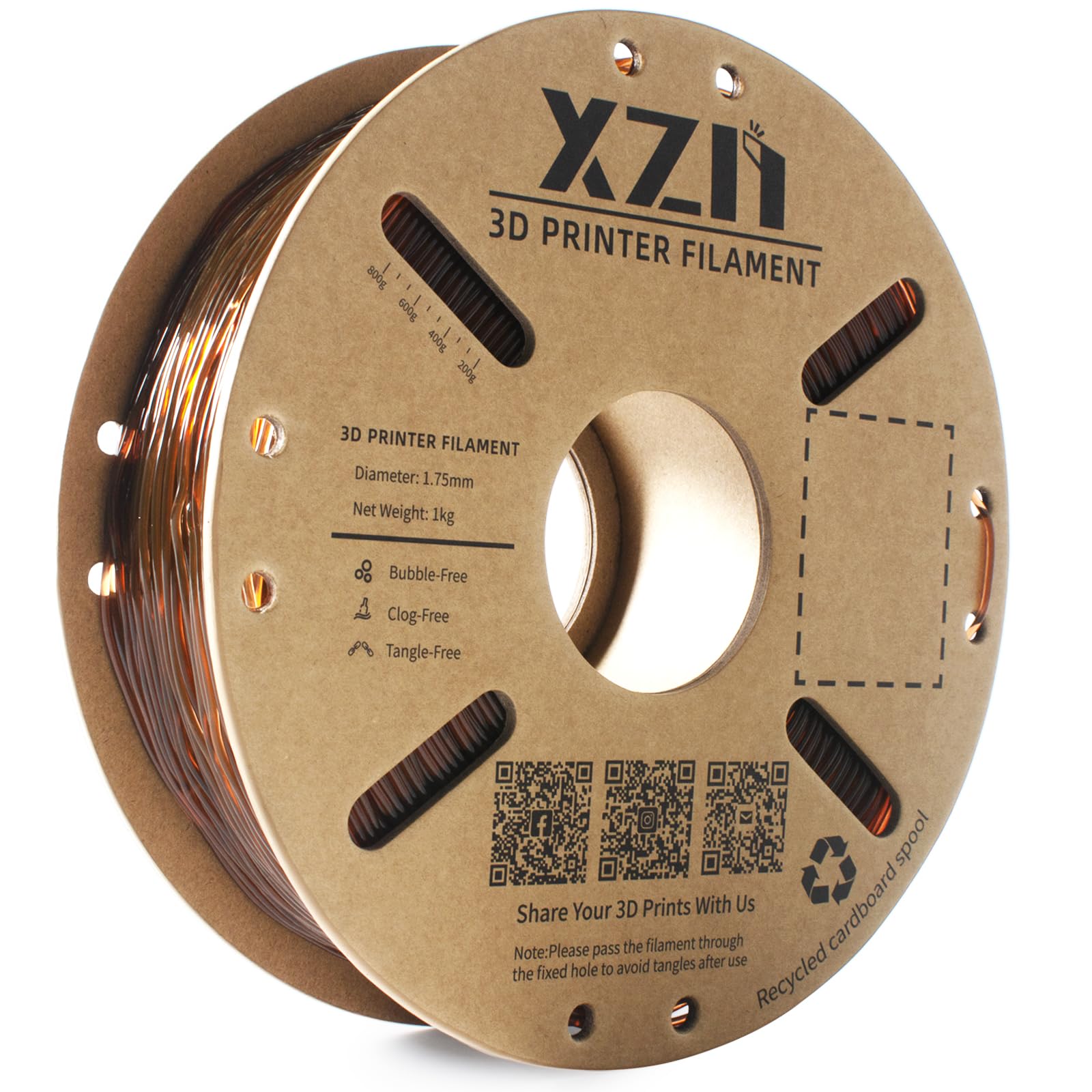 XZN TPU Filament 1.75mm 95A Soft Flexible 3D Printer Filament, 1kg Spool (2.2 lbs), Dimensional Accuracy +/- 0.02 mm (Clear Brown TPU)