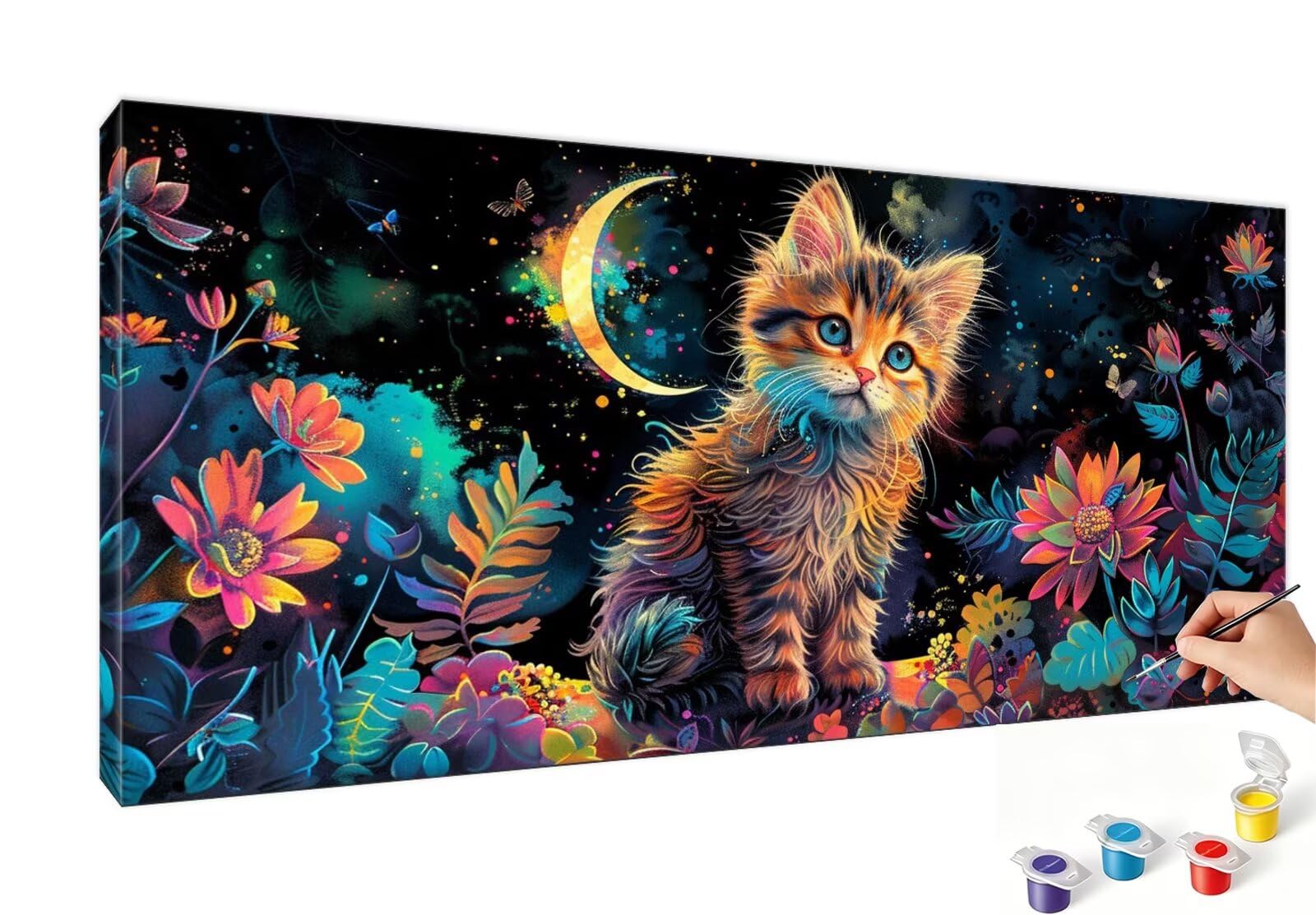 Pintar por numeros adultos gato y luna kit de lienzo 40x80cm sin marco con pinceles y pigmentos 8