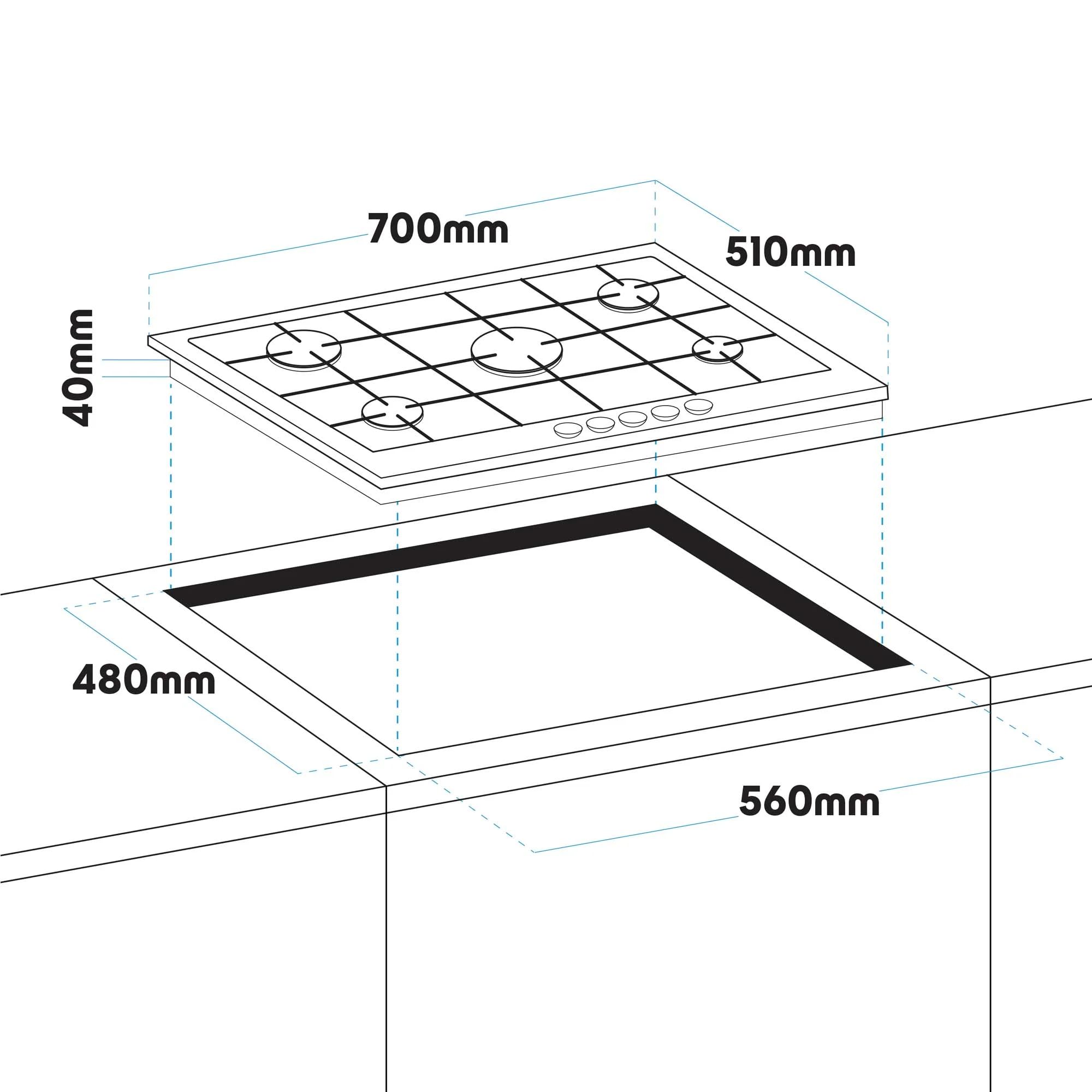 Baridi 70cm Gas on Glass Hob with 5 Burners, Cast Iron Pan Supports and Auto Ignition, 11kW, Black Glass - DH228 — view 6