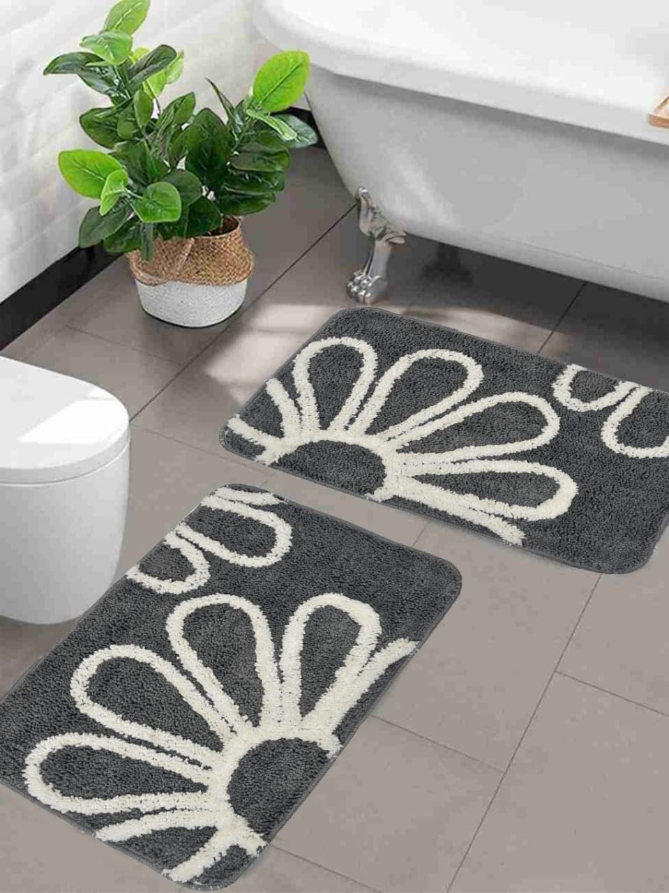 MBS Decor Microfiber Doormat/Bathmat 40x60 cm – Washable Flower Design Mat for Bathroom, Bedroom & Home Décor (Pack of 2) (Grey)-image-5
