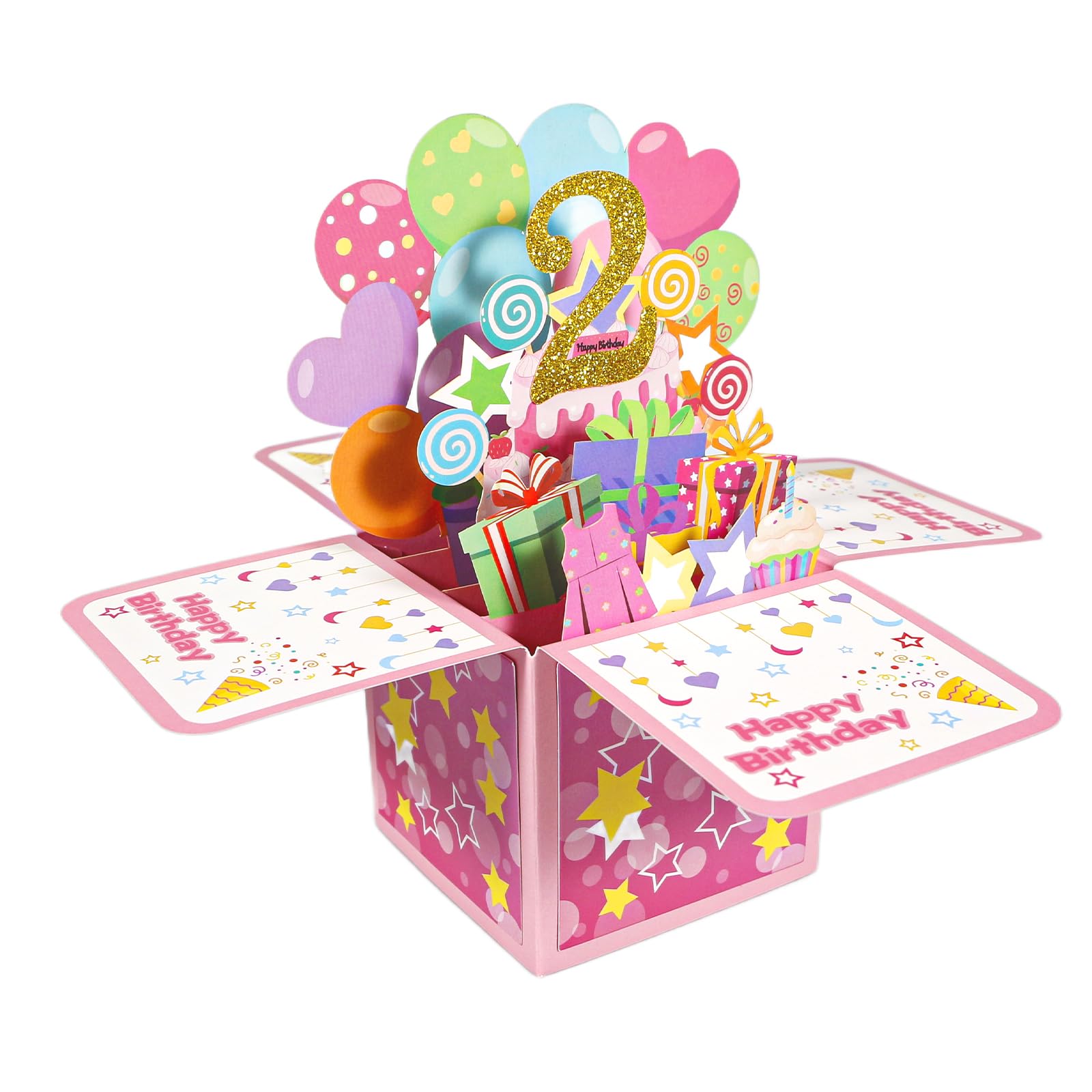 Geukmun 2nd Birthday Card for Girls, 2nd Birthday Decorations for Girls, Pink Pop Up Happy Birthdays Card with Envelope for 2 Year Old Girl Gifts, Granddaughter, Daughter