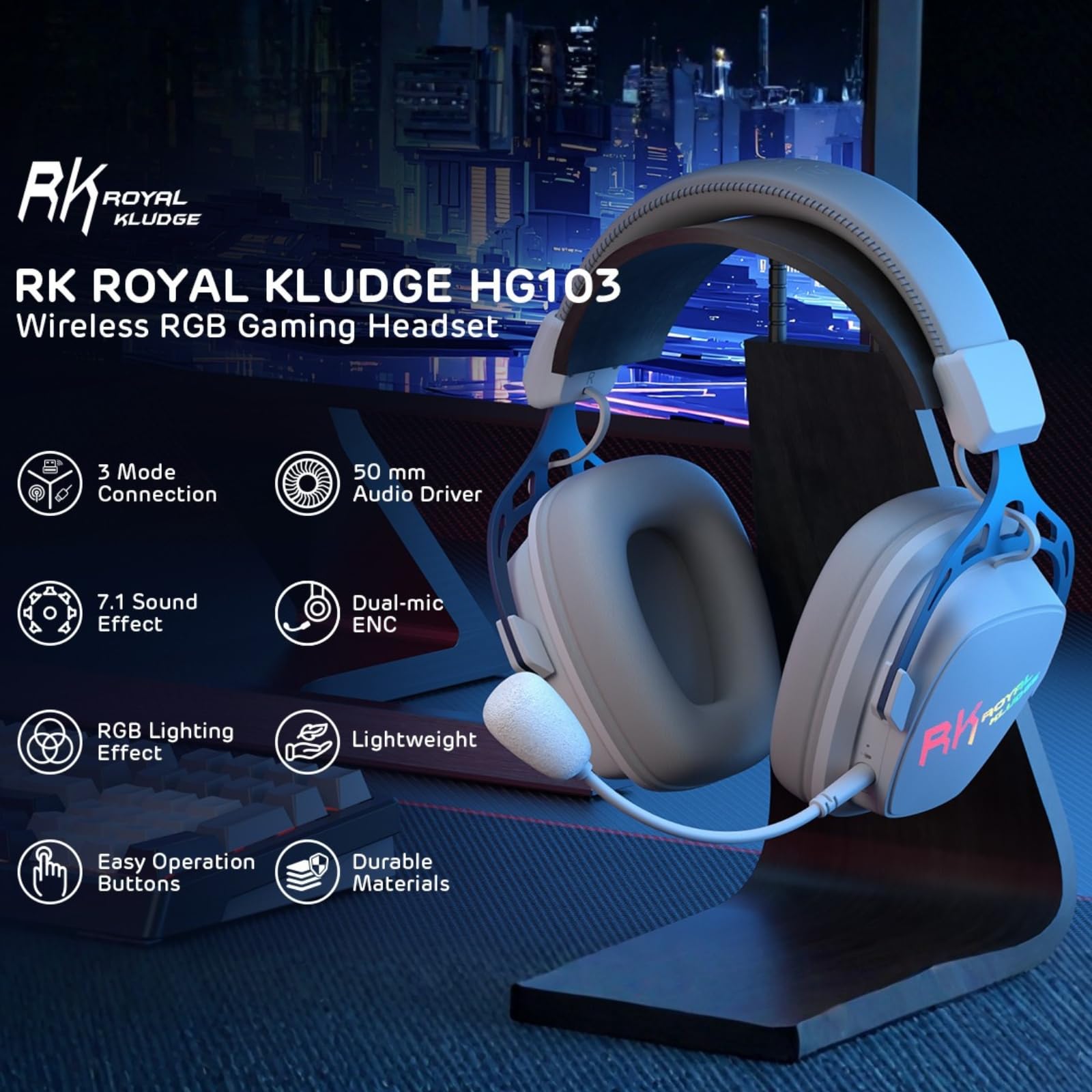 RK ROYAL KLUDGE HG103 Wireless Gaming Headset for PS5/4, Xbox, PC, Switch, BT5.3/2.4G/3.5mm Wired RGB Over Ear Headphones with Noise Canceling Mic, 50mm Drivers, 7.1 Surround Sound for FPS Game - 3
