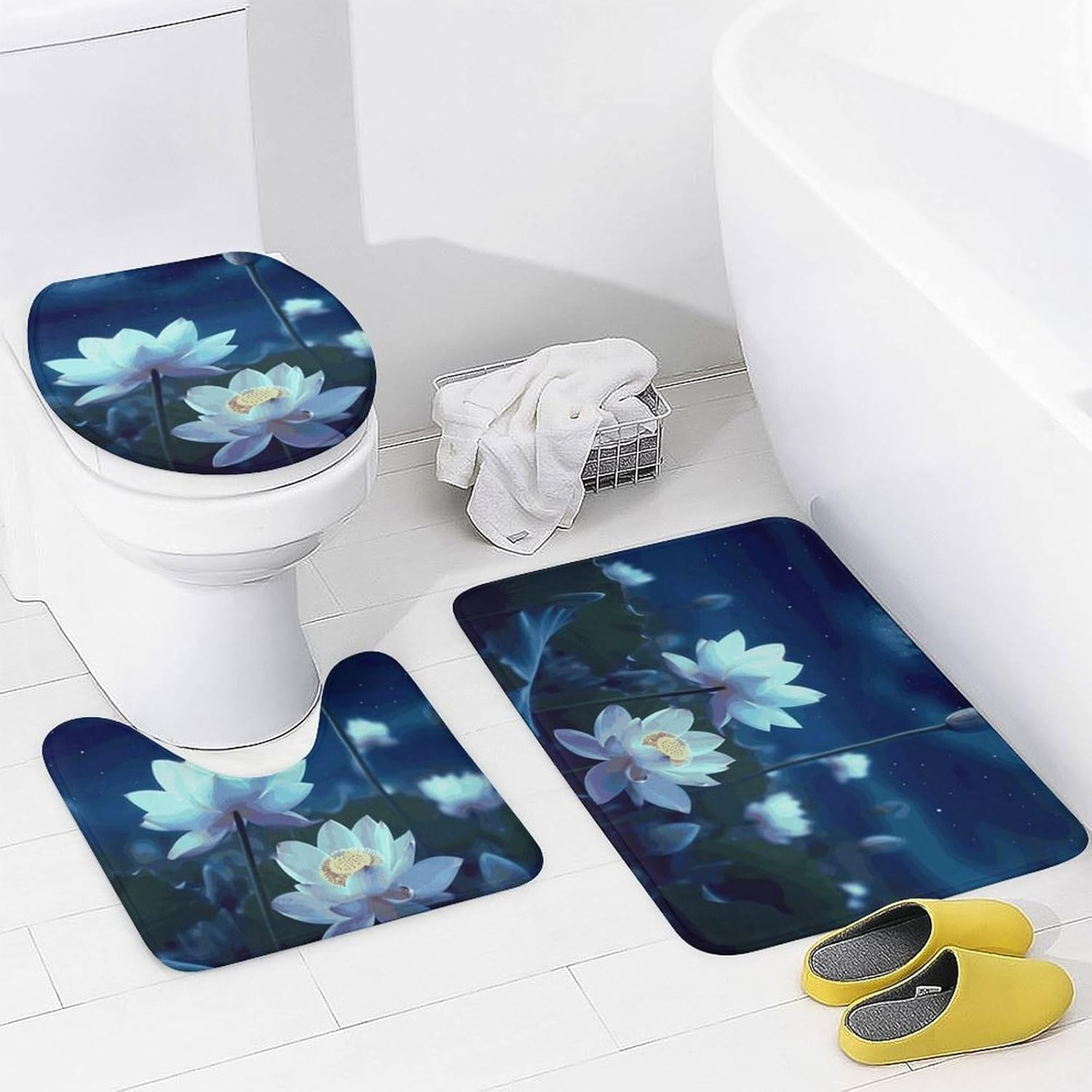 4 Piece Bathroom Rug Set with Shower Curtain, Non-Slip Bath Mat Toilet Cover Set, Night Flowers Bathroom Rug Sets