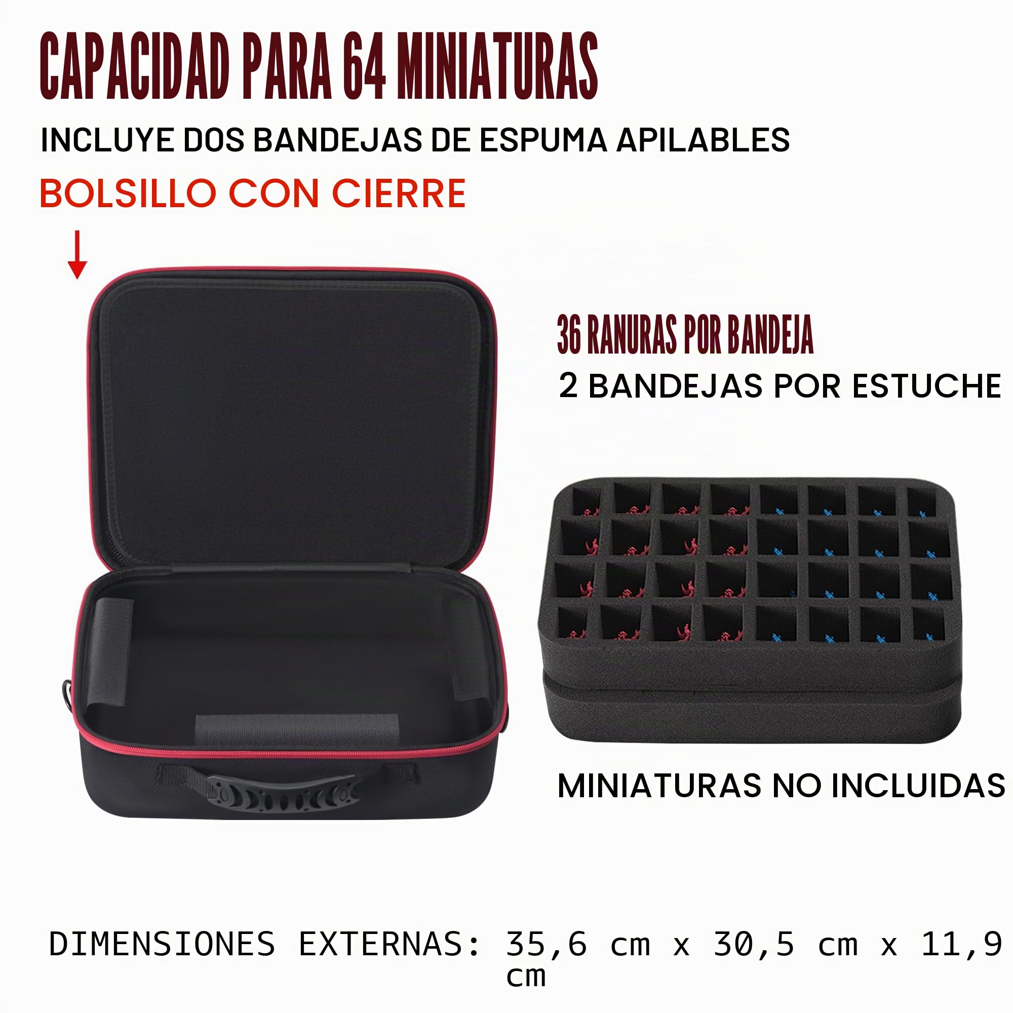 Estuche de transporte en miniatura con 64 ranuras con bandejas de espuma de doble capa que absorben los impactos para Warhammer 40k, DND y más, funda con correa de hombro ajustable y bolsillo con