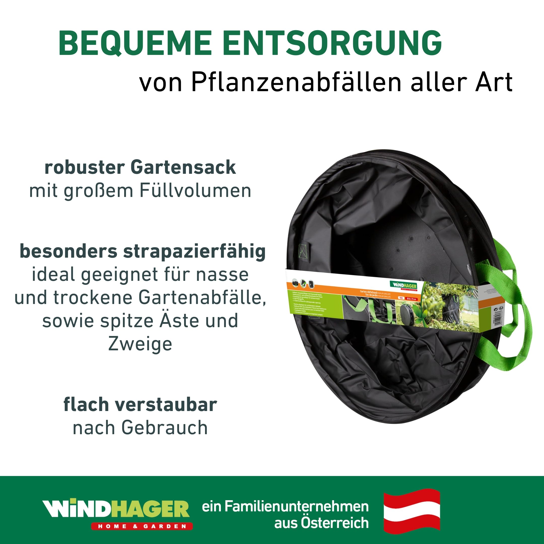 Windhager PopUp Bag Long-Life, Springsack, Gartensack, Laubsack selbstaufstellend, Gartenabfallsack, Grünschnitt-Sack, Laubkorb, 170L, 300 g/m², Ø 56 x 70cm